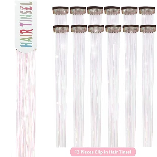 Miniatura 9 de Extensiones de cabello con purpurina de 23.6 pulgadas con 6 clips de color rosa brillante para niñas, mujeres, niños, oropel resistente al calor