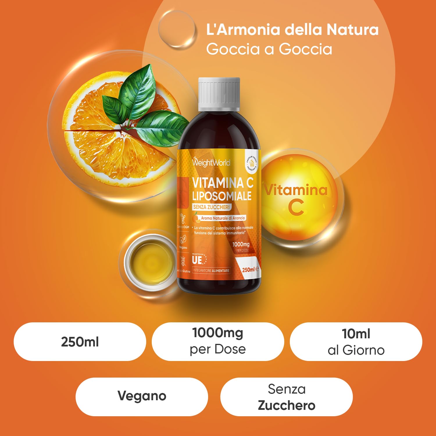 Vitamina C Liposomiale Vegan Liquida 250ml, Vitamina C 1000mg Alto Dosaggio, Stanchezza e Affaticamento, Aroma Naturale Arancia