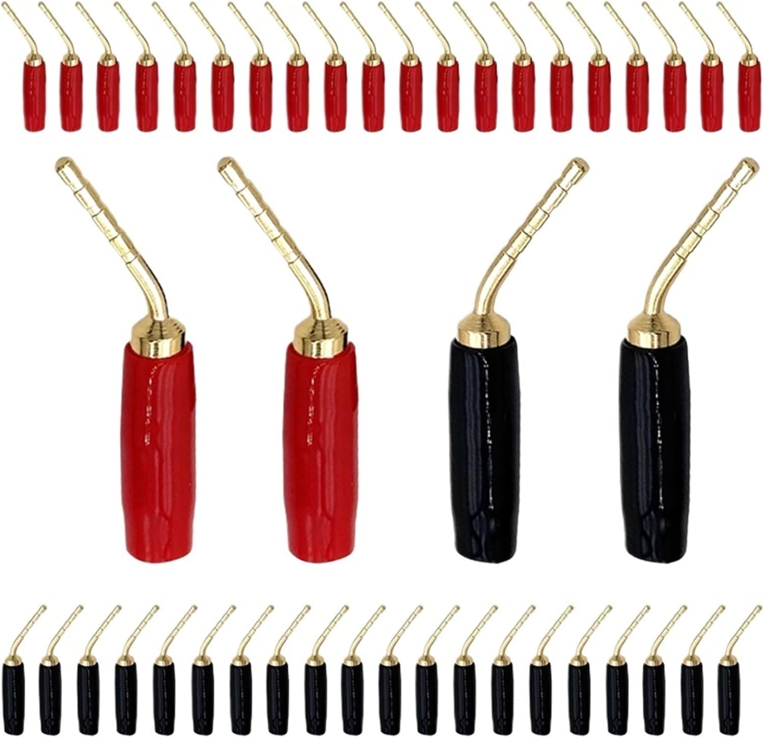 20/100Pcs 2mm Banana Red Black Curved Pin Connector Right Angle Banana Male Plugs Audio Speaker Wire Cable Connectors(50 Red 50 Black)