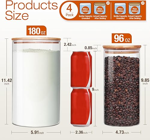 Miniatura 2 de Recipientes grandes de vidrio para harina y azúcar, 2 unidades de 180 onzas y 2 unidades de 93 onzas, recipientes de vidrio para almacenamiento de