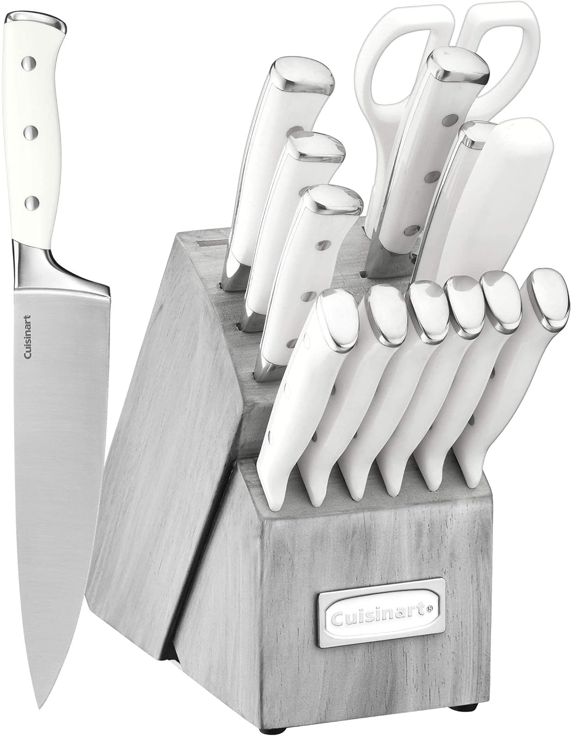 Cuisinart 15-Piece Knife Set with Block, High Carbon Stainless Steel, Forged Triple Rivet, White/Gray C77WTR-15PG Cuisinart 15-Piece Knife Set with Block, High Carbon Stainless Steel, Forged Triple Rivet, White/Gray C77WTR-15PG