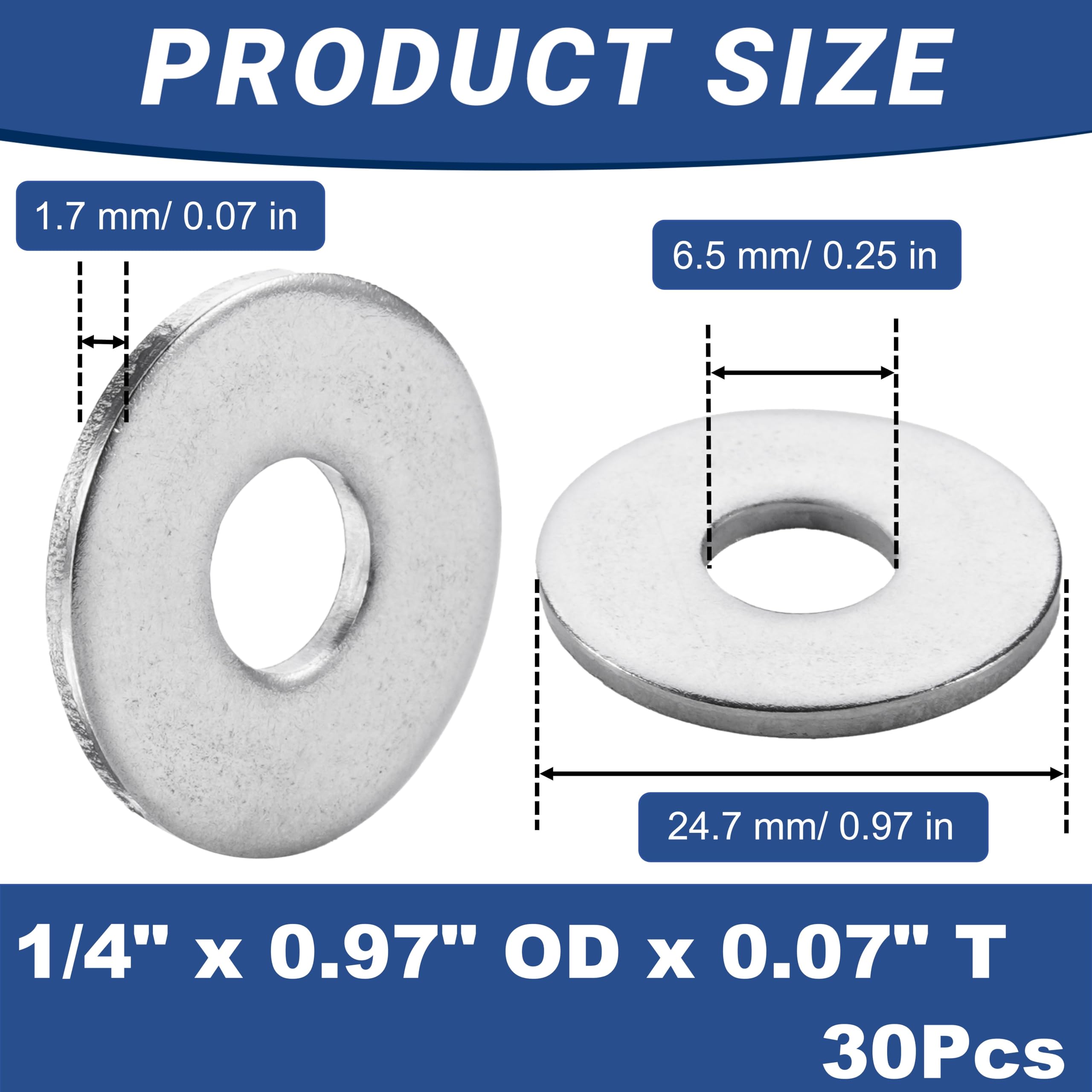 30 Pcs 1/4" Fender Washers Stainless, 1/4" ID x 0.97" OD x 0.07" Thick, Large Fender Washers Flat, Aperture is Also Suitable for M6 Bolts (30, M6 x 0.97" OD x 0.07" T) - 3