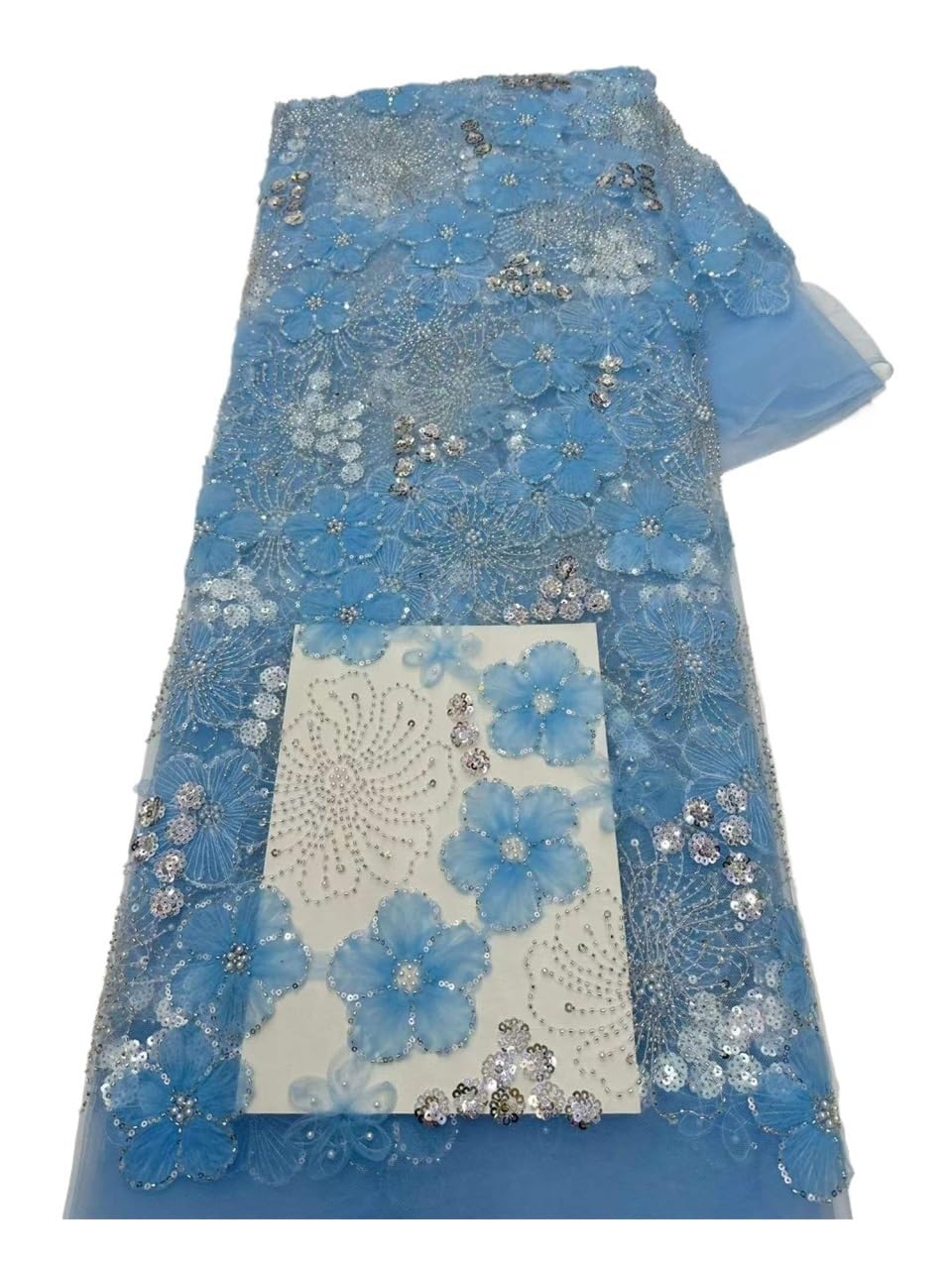Cekinowa koronkowa tkanina z koralikami i kwiatowym haftem 5 jardów | Siatka z koralików, kwiatowe wykończenia z kryształowych cekinów, tekstylia do szycia sukienek(Blue)