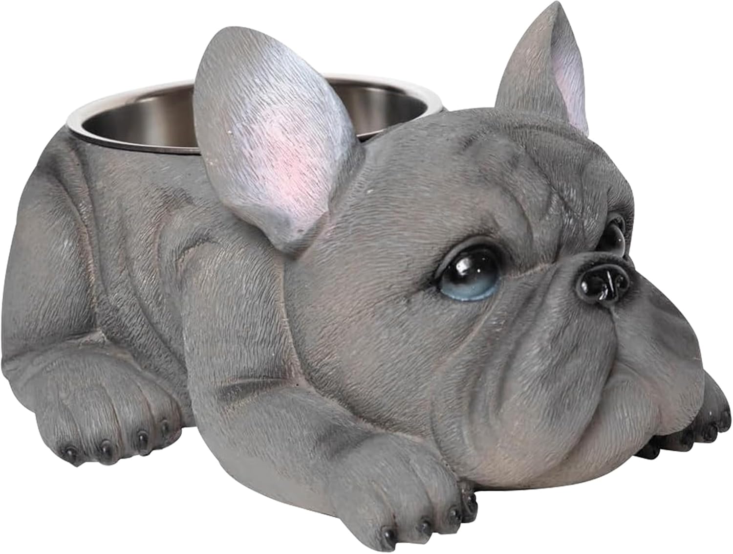 Forest & Twelfth Grey French Bulldog Resin Dog Food Bowl - Elevated Dog Bowl w/Stainless Steel Metal Bowl, Weather Resistant Pet Bowl Dog Dish, No Spill Dog Bowl for Indoor/Outdoor | 3 Cup Capacity