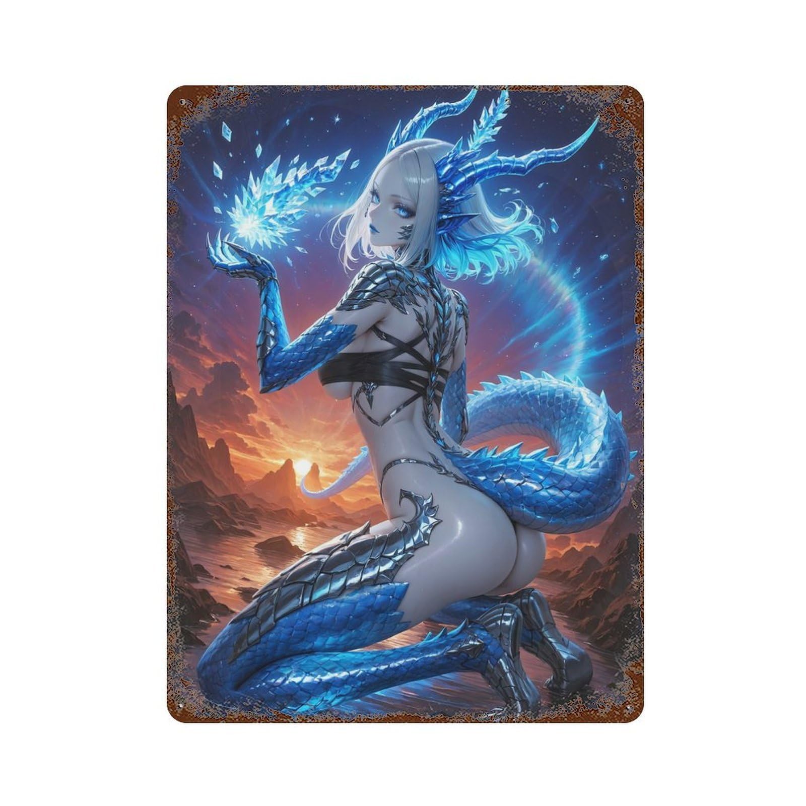 Vintage Rust Metal Sign Blue Dragon Woman 15.7"x11.8", Industrial Home Decor for Farmhouse, Kitchen And Entryway Decor