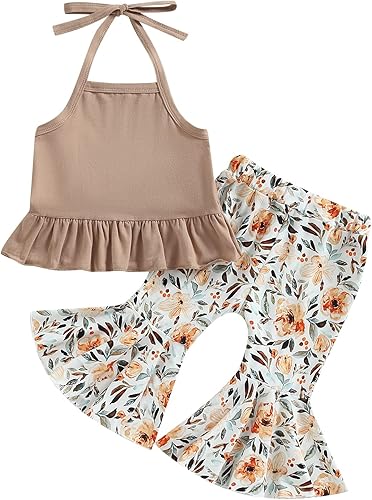 TheFound Traje de verano para bebé niña pequeña, parte superior con cuello halter, pantalones acampanados, 2 piezas, ropa para recién nacidos