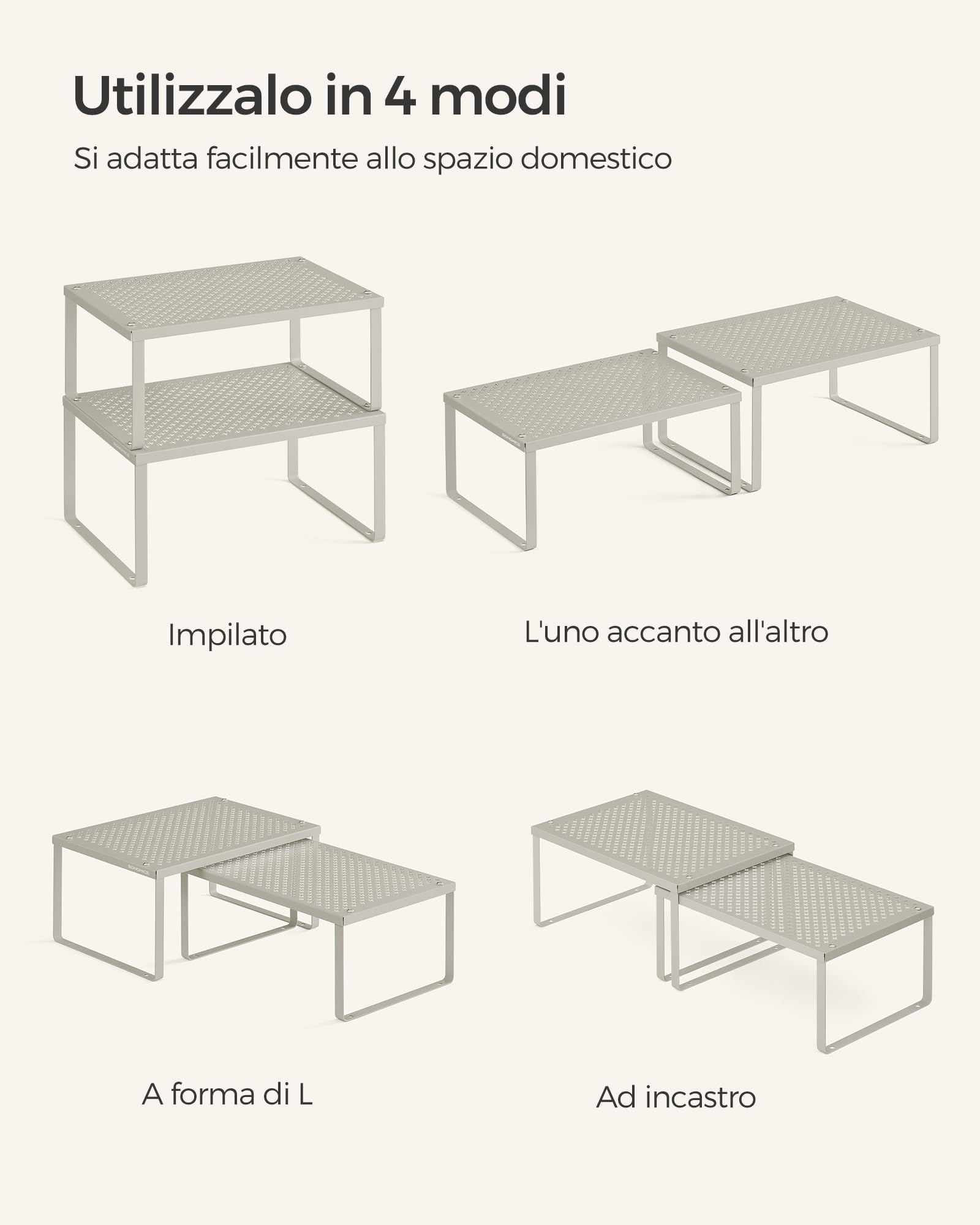 SONGMICS Scaffale Portaspezie, Set di 4 Organizzatori da Cucina Espandibili, Scaffale da Cucina Impilabile, Metallo, Beige Avena KCS006K01