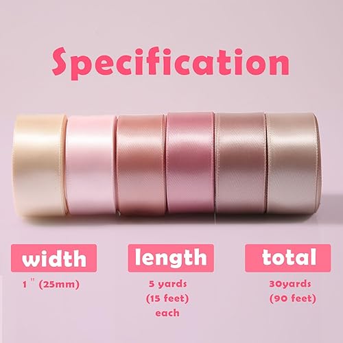 Miniatura 2 de 6 rollos de cinta para ramo de flores, 1 pulgada x 30 yardas, cinta de satén de doble cara rosa polvorienta, cintas de seda rosa para invitaciones