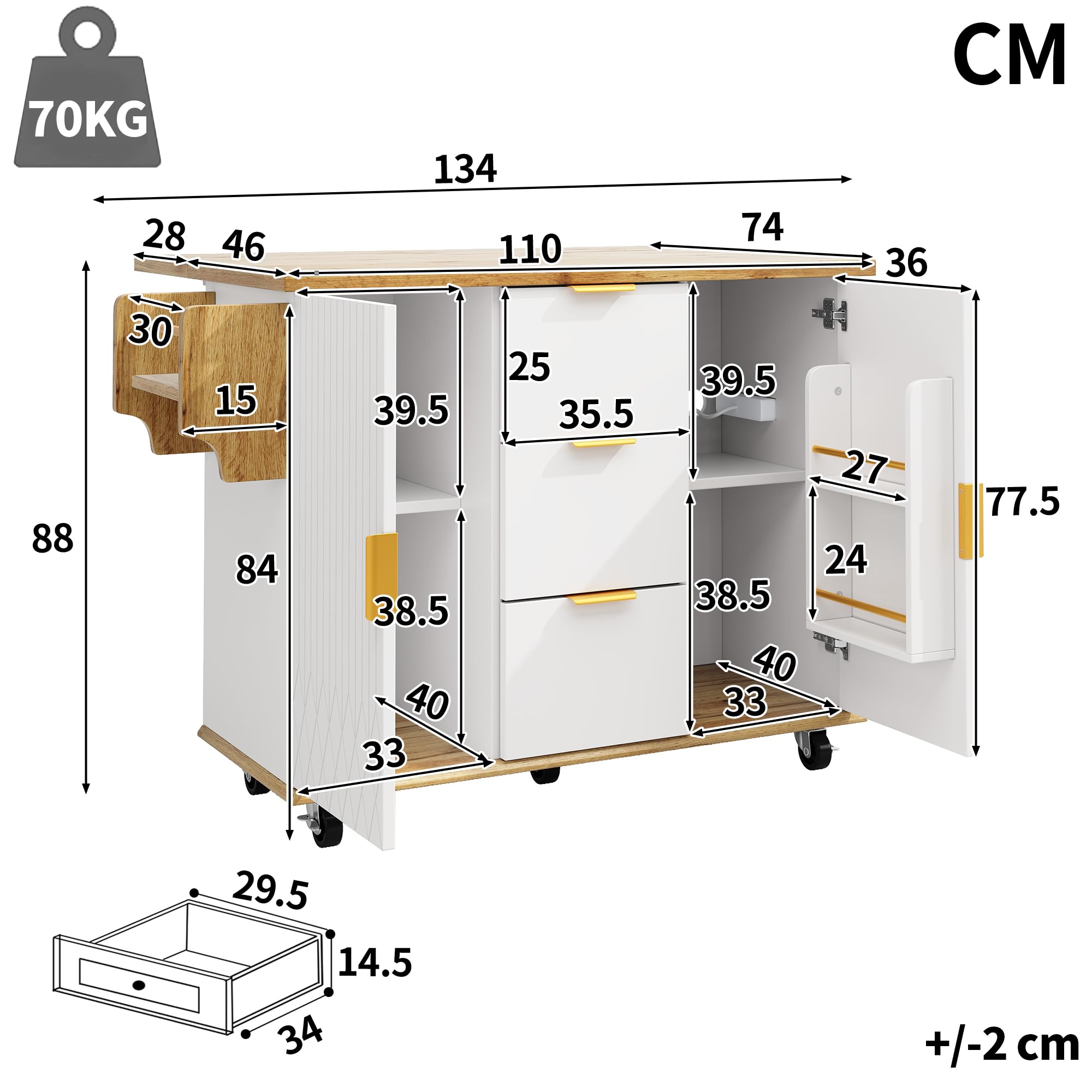 Carrito de cocina con encimera plegable y toma eléctrica, mueble de cocina móvil de isla con ruedas, aspecto, isla cocina, carro cocina, carro portavande,mueble cocina, 134 x 46 x 88 cm