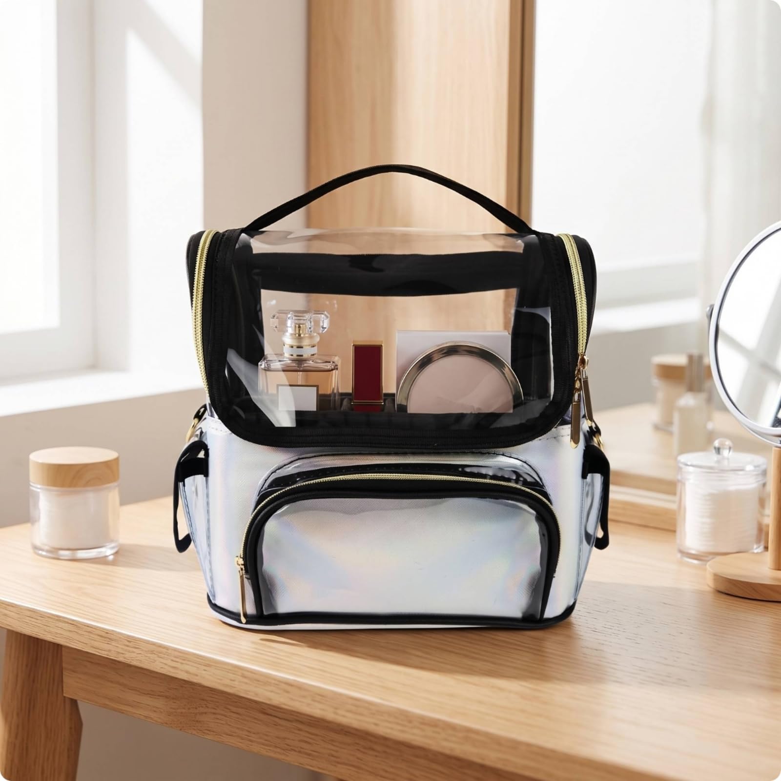 Trousse Toilette Transparente Gran Taille Trousse Maquillage Transparente Portable Sac Toilette en PVC pour urs, Array, Argenté, 27×17×22CM