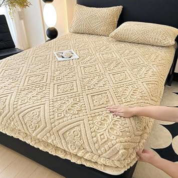 Taffeta Jacquard Fitted Sheet Without Pillowcase, Velvet Queen Bed Sheet, Plush Mattress Protector, Breathable Mattress Anti-Slip Cover, Elastic Mattress Cover,Brown 200x220cm