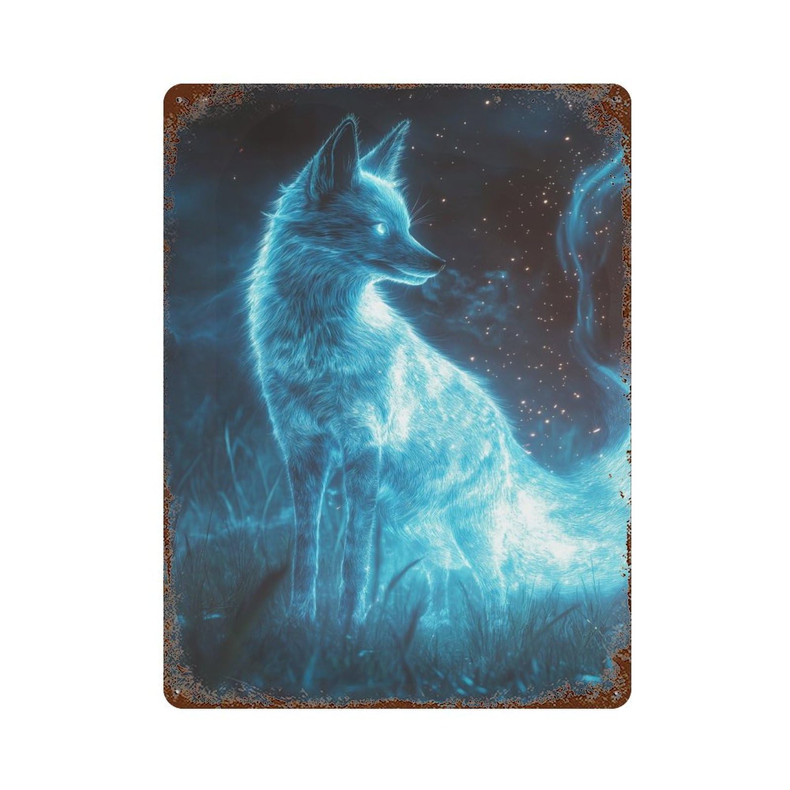 Rust Effect Ghost Fox Rusty Metal Tin Sign 15.7"x11.8", Old School Wall Decor for Cafe, Home Bar And Lounge Decor