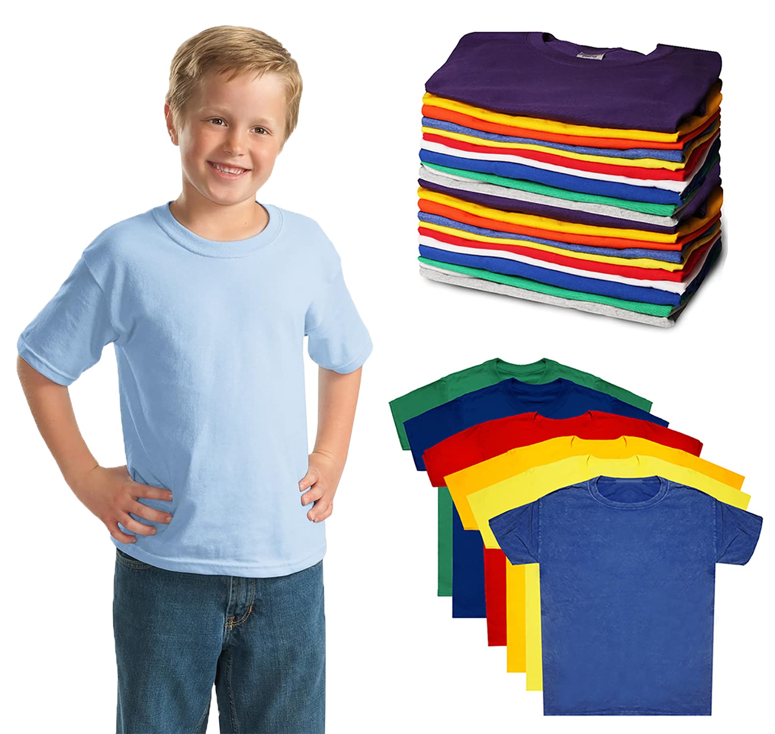 Confezione da 12 magliette in cotone per bambini, all'ingrosso unisex per bambini, confezioni di magliette leggere per ragazzi e ragazze