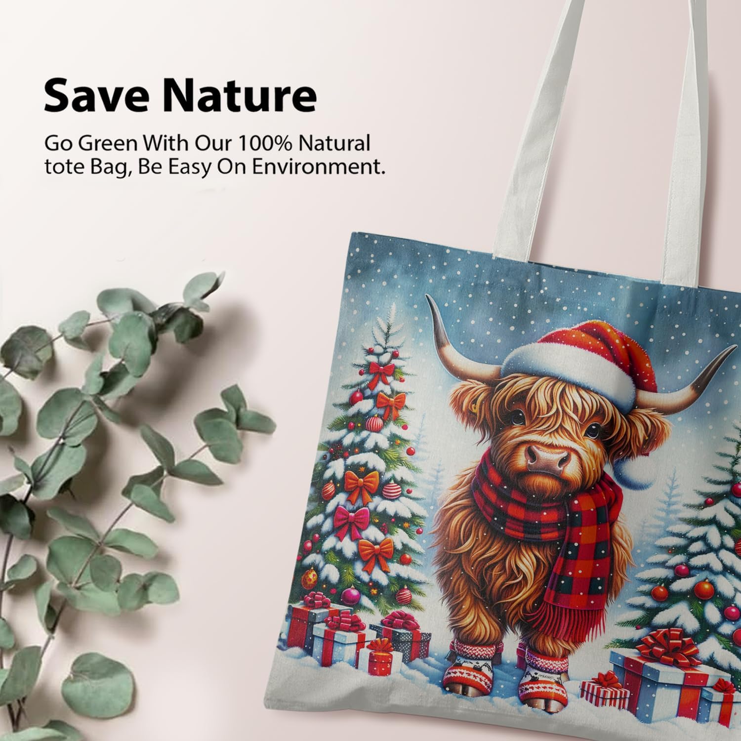 Christmas Santa hat Highland Cow Canvas Tote Bag,Christmas Reusable Canvas Shoulder Bag For Girls Cowgirl Gifts - Image 3