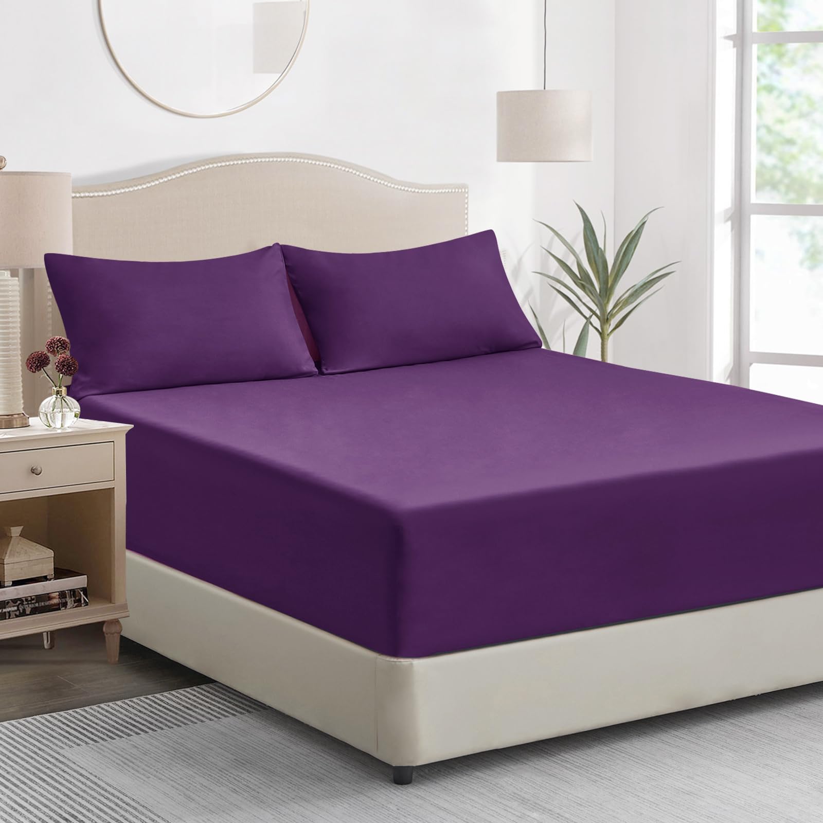 Tifschlaf Double Fitted Sheet Deep, Purple Bed Sheet Extra Deep Pocket 16 inch (40 cm)