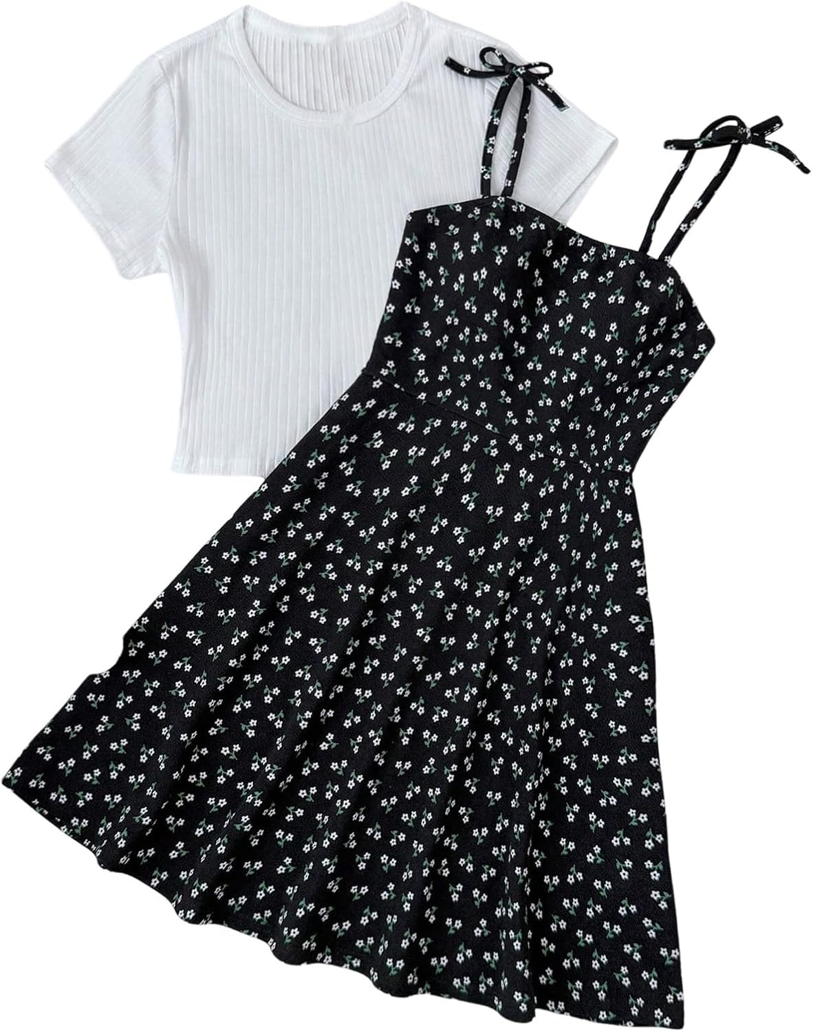 Girl's 2 Piece Cute Summer Outfits Ribbed Knit Crop Tops and Floral A Line Cami Sundresses Set