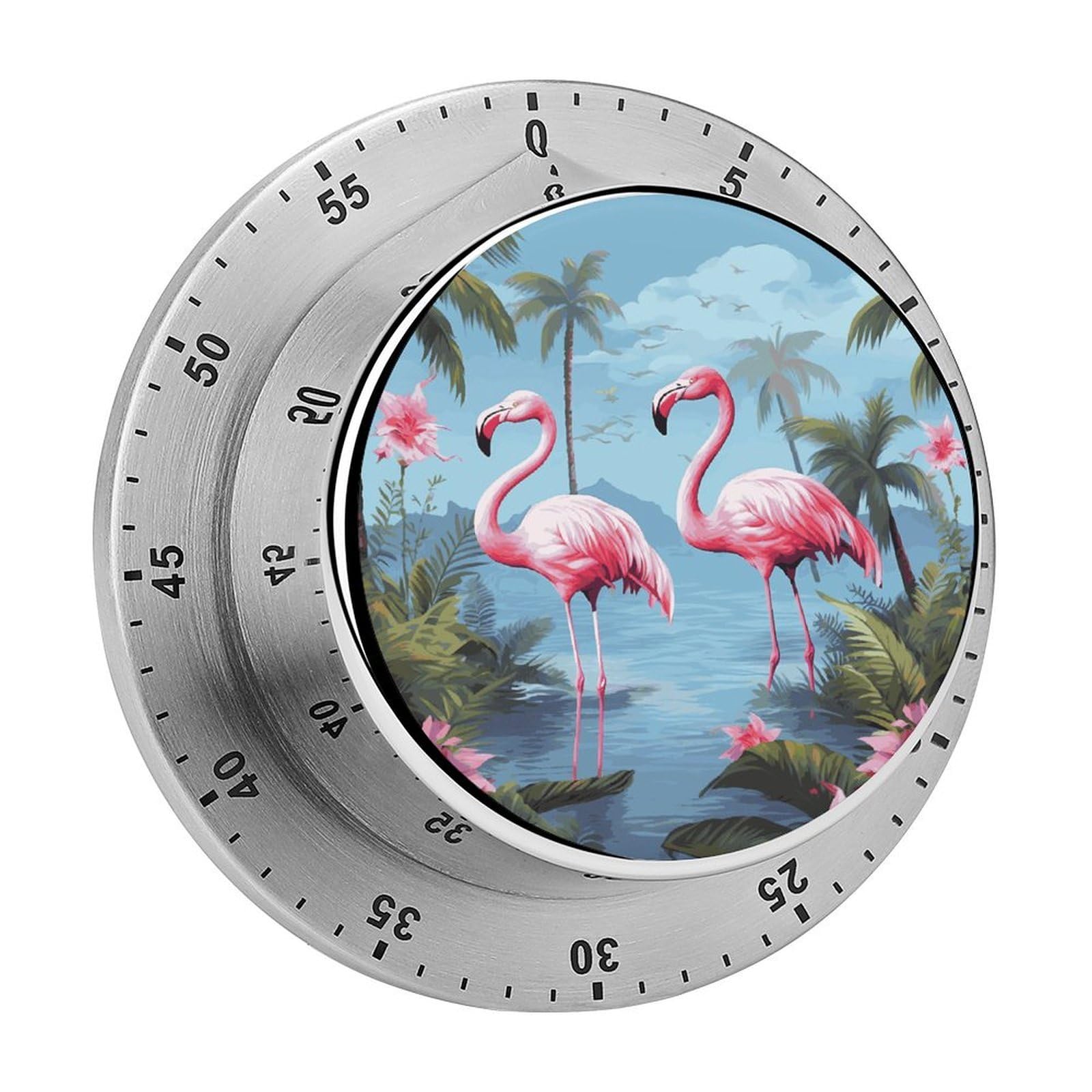 Tropical Flamingos Visual Timer with Loud Alarm 60-Minute Kitchen Timers Exquisite Stainless Steel Body - Mechanical Desk Timer Countdown Clock for Cooking Chef Clock