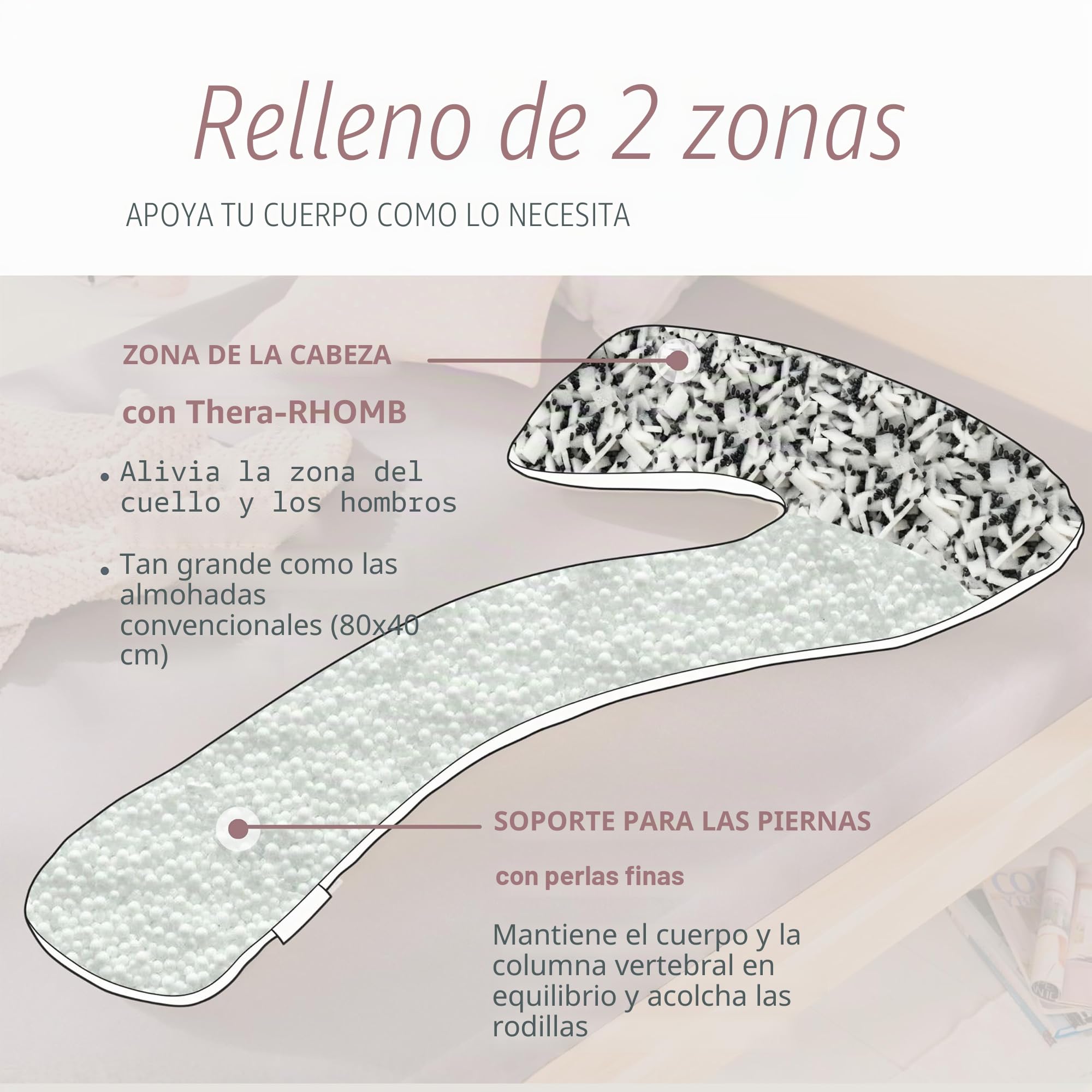 Theraline | my7 – Almohada para dormir de lado | incluye funda exterior Cappuccino, colección de bambú