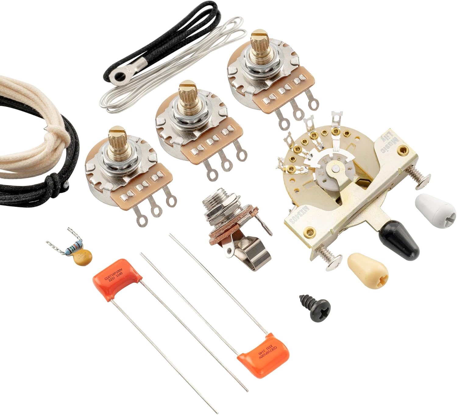 Musiclily Pro Guitar Auto-Split DIY Wiring Kit Upgrade for American Style Strat HSS Stratocaster with 5-Way Switch and 3A250K Pots, Nickel Jack