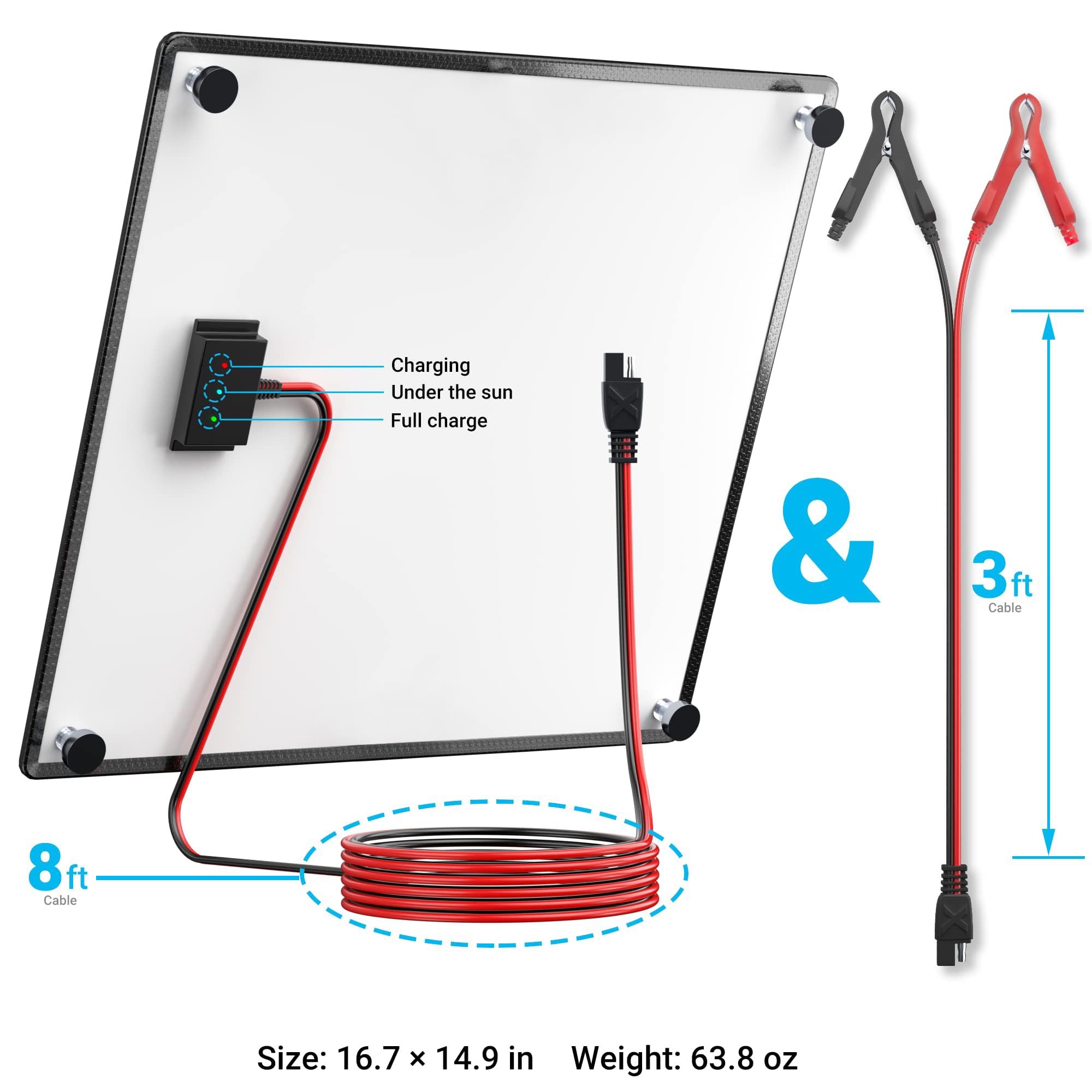 POWOXI Panel solar, cargador de batería solar magnético de 12 V y 20 W, controlador de carga inteligente, cargador solar impermeable con clip de cocodrilo para coche, caravana, motocicleta, marina,