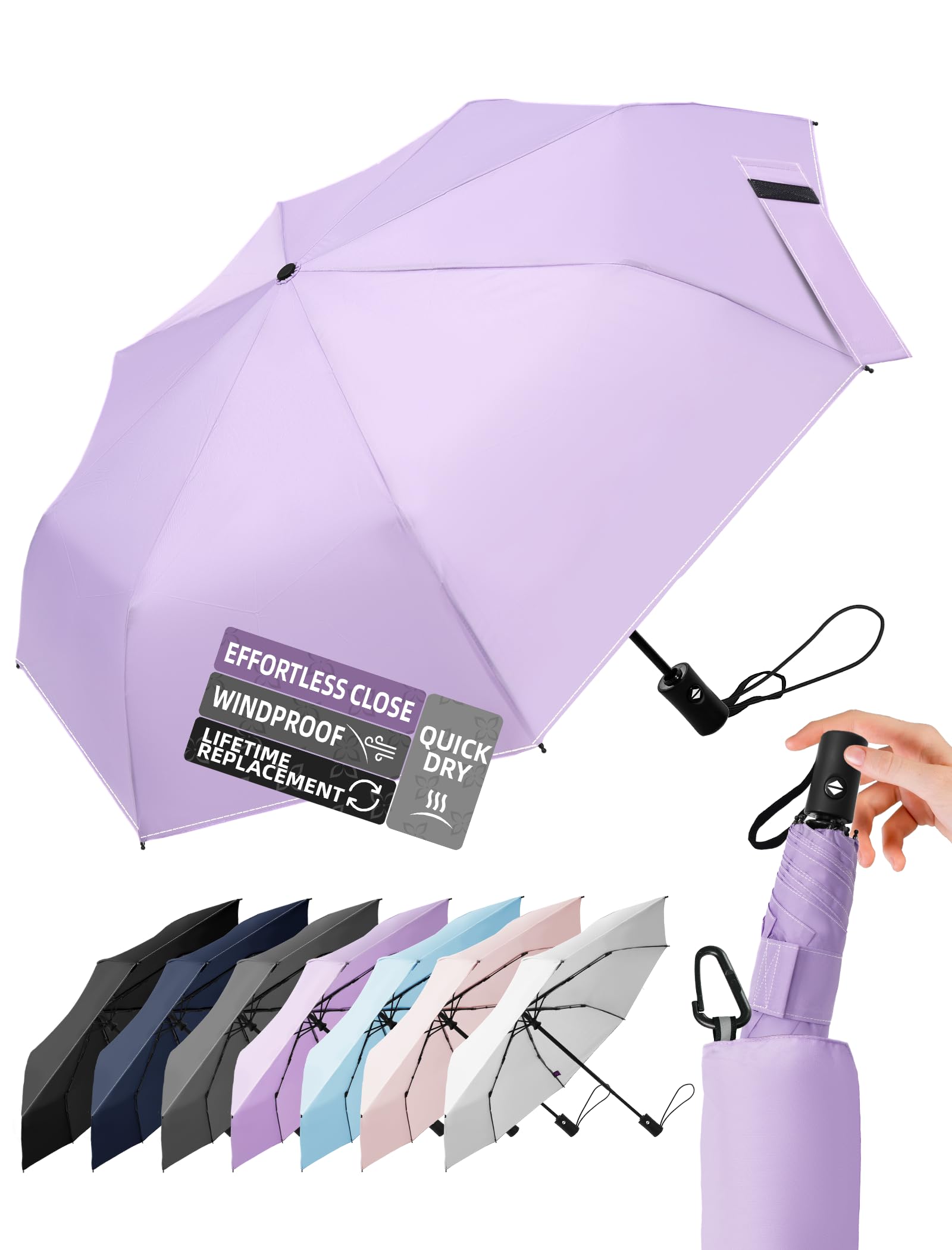 Compact Travel Windproof Umbrella, 43" Auto open/close Folding Quick Dry Umbrellas for Rain, Lightweight Portable Small for Backpack Car, less force to Fold for Women Men Kids, TSA Approved-image-5