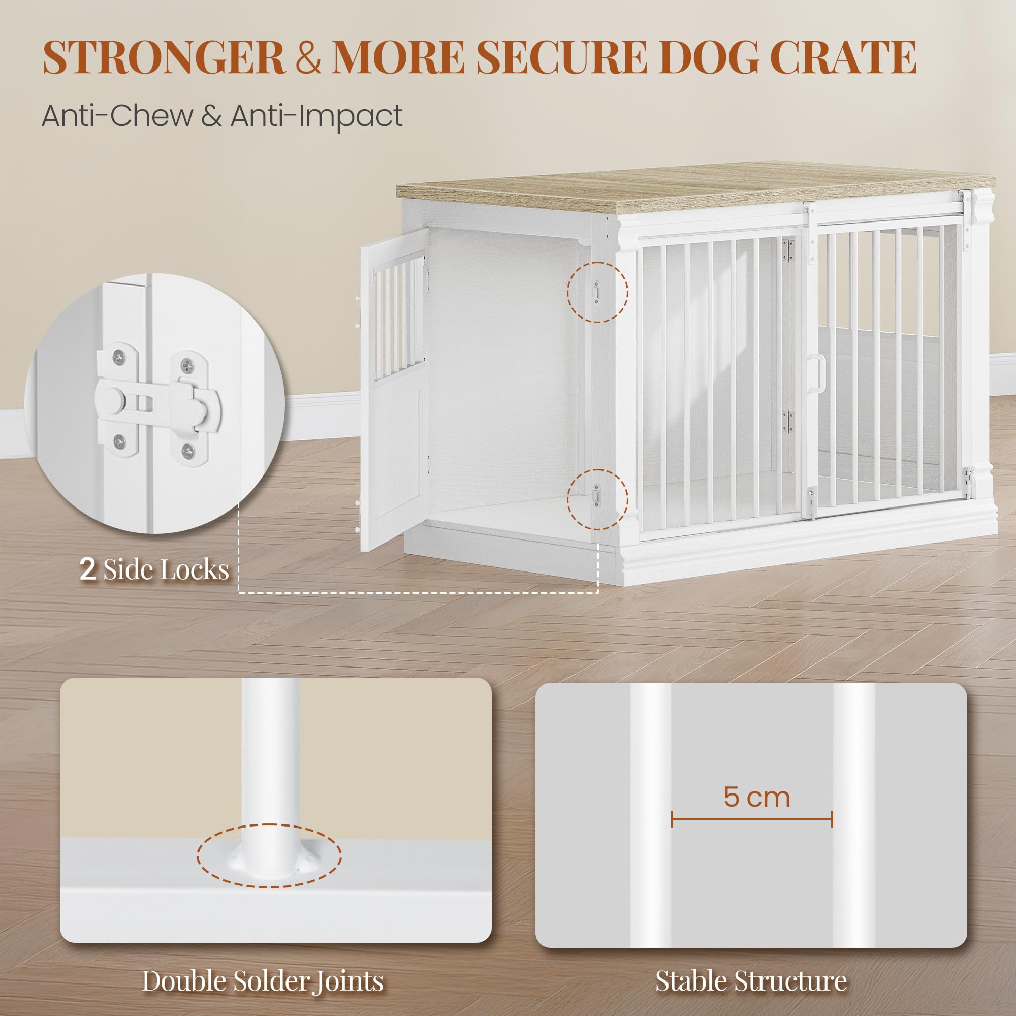 HEXCELEN 101cm Jaula para Perros, Mueble Mascotas Interior, Jaula Perro Grande para Casa de Madera, 3 Puertas, Mesa Auxiliar, Apto para Perros Medianos, 101 x 60,5 x 70 cm, Roble Blanco y Blanco