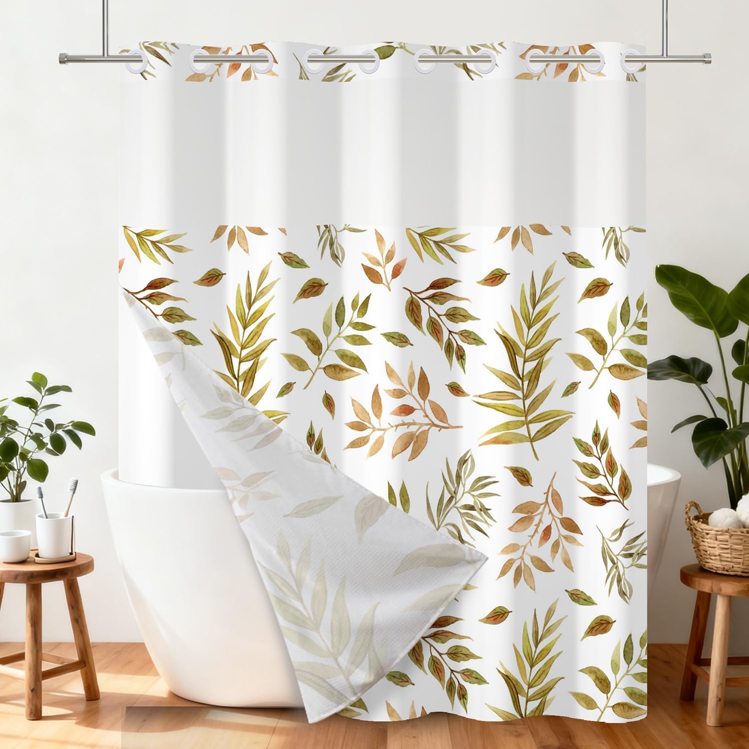 No Hook Shower Curtain with Snap-in Fabric Liner 71x74 Inch, Boho Botanical Leaves Shower Curtain Set, Farmhouse Nature Waterproof Double Layer Bath Curtain with Mesh Top Window