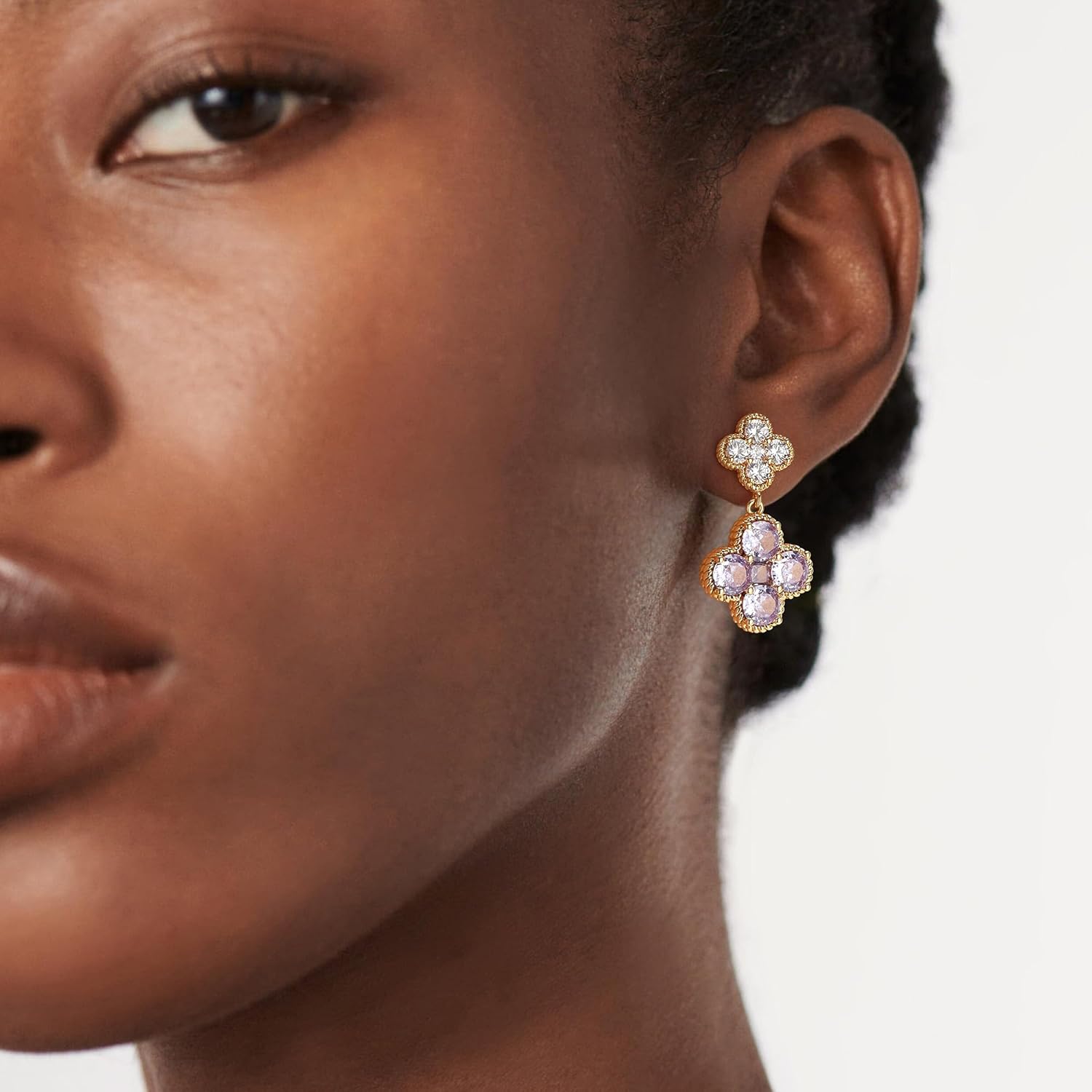 14K Gold Plated Double Plum Blossom Dangle Birthstone Four Leaf Clover Stud Earrings for Women, Hypoallergenic Drop Trendy Dainty Gold Earrings Birthday Gifts - Image 6