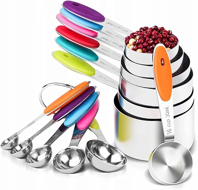 ORGA ECO-FRIENDLY Set of 12 - Premium Stainless Steel Measuring Cups and Measuring Spoons with Colored Silicone Handle,for Baking, Kitchen Cooking, Liquid and Solid