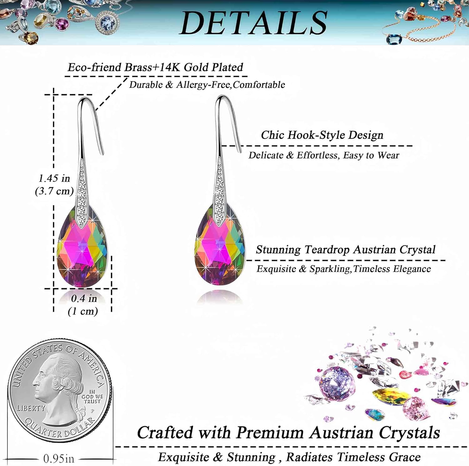 Austrian Crystal Teardrop Dangle Earrings for Women Drop Hook Earring 14K Rose Gold Plated Hypoallergenic Jewelry - Image 4