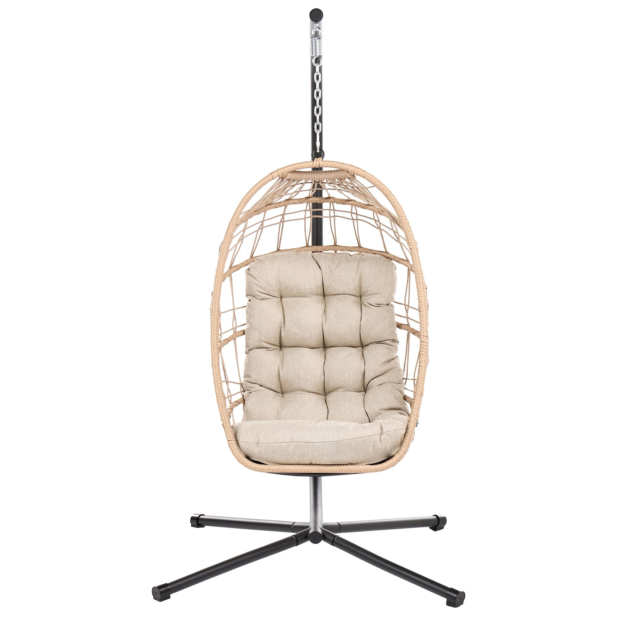 Sillón Colgante Columpio Estilo Boho de ratán sintético Soporte de Metal Cadena con cojín Mullido Natural Mornese