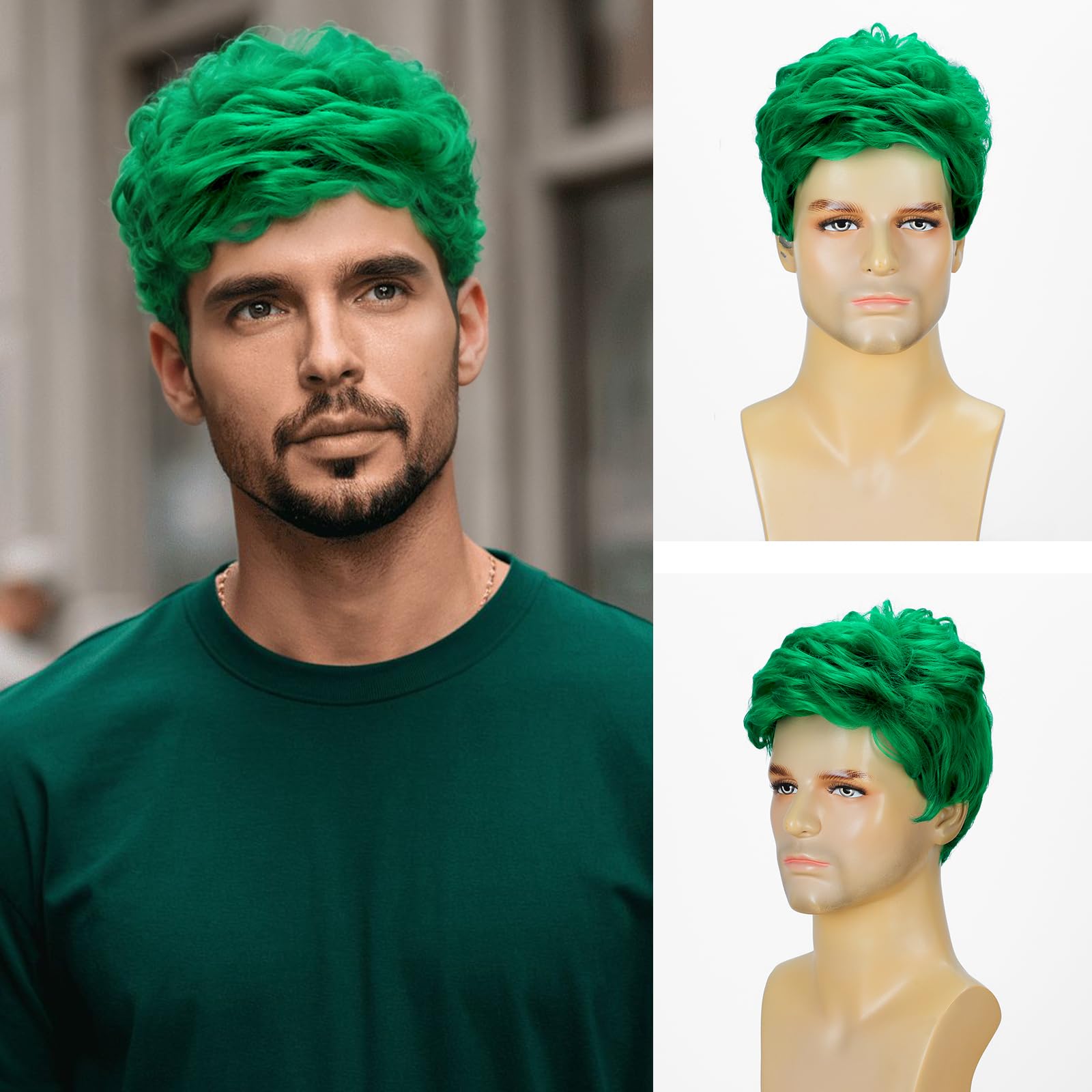 Photo 1 of DDHAIR Short Green Wavy Synthetic Wig for Men
