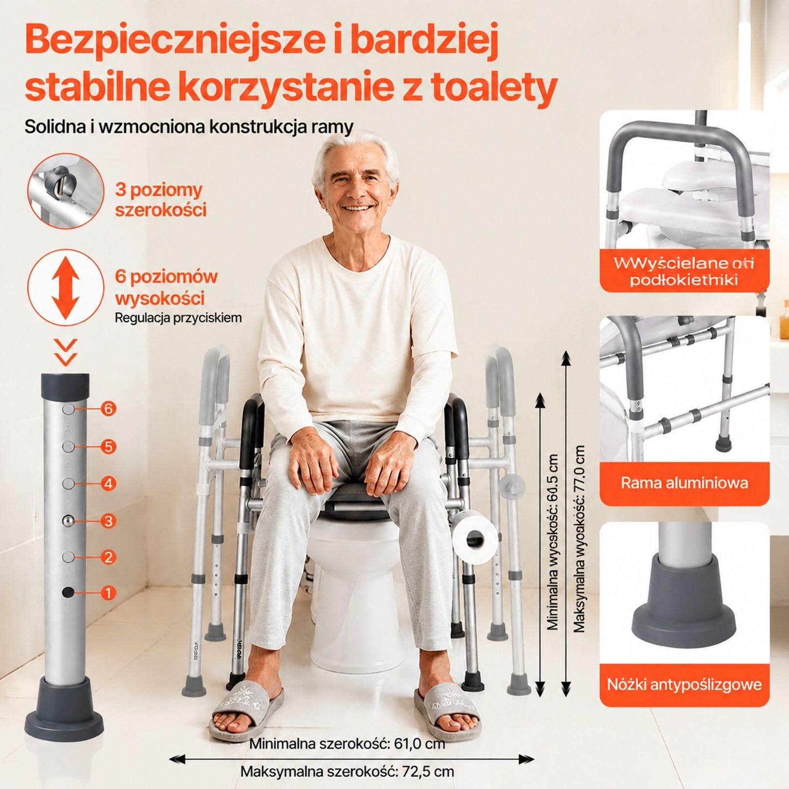 Regulowana podwyższona nakładka sedesowa z podłokietnikami, czterema nogami, miękko wyściełanym siedziskiem i ramą ze stopu aluminium
