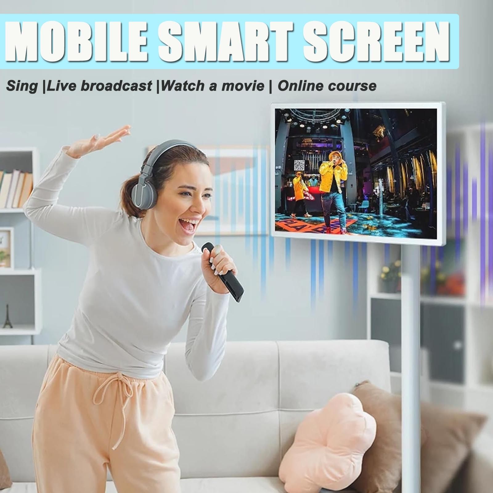TéLéViseurs 21,5/24/27/32 Pouces,TéLéViseur Portable Sur Roues,éCran Tactile Intelligent Portable,éCrans Tv 4k Avec Support Mobile, SystèMe Levage,Rotation Libre,Batterie IntéGréE 21.5in4G+64G