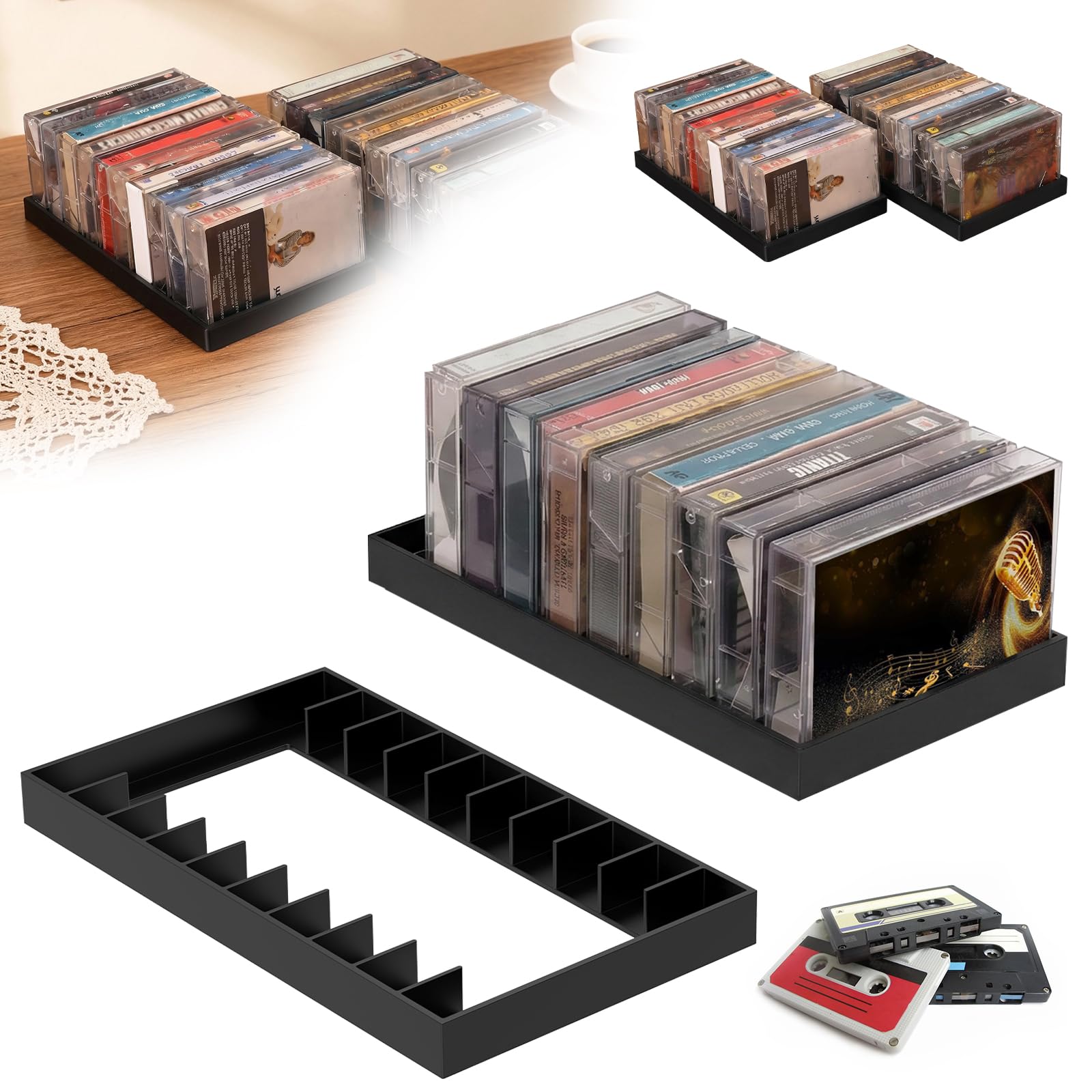 JETHMA 2Packs Cassette Tape Storage, Each Rack Holds 10 Standard Cassettes, 10 Slots per Holder, Total 20 Slots Audio Tape Case, Sturdy Plastic Organizer for Home Studio Collectors(black-2-10 grids)