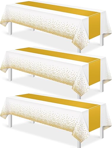 3 manteles blancos y dorados para decoración de fiesta, mantel de plástico blanco impreso dorado, mantel rectangular desechable para cumpleaños,