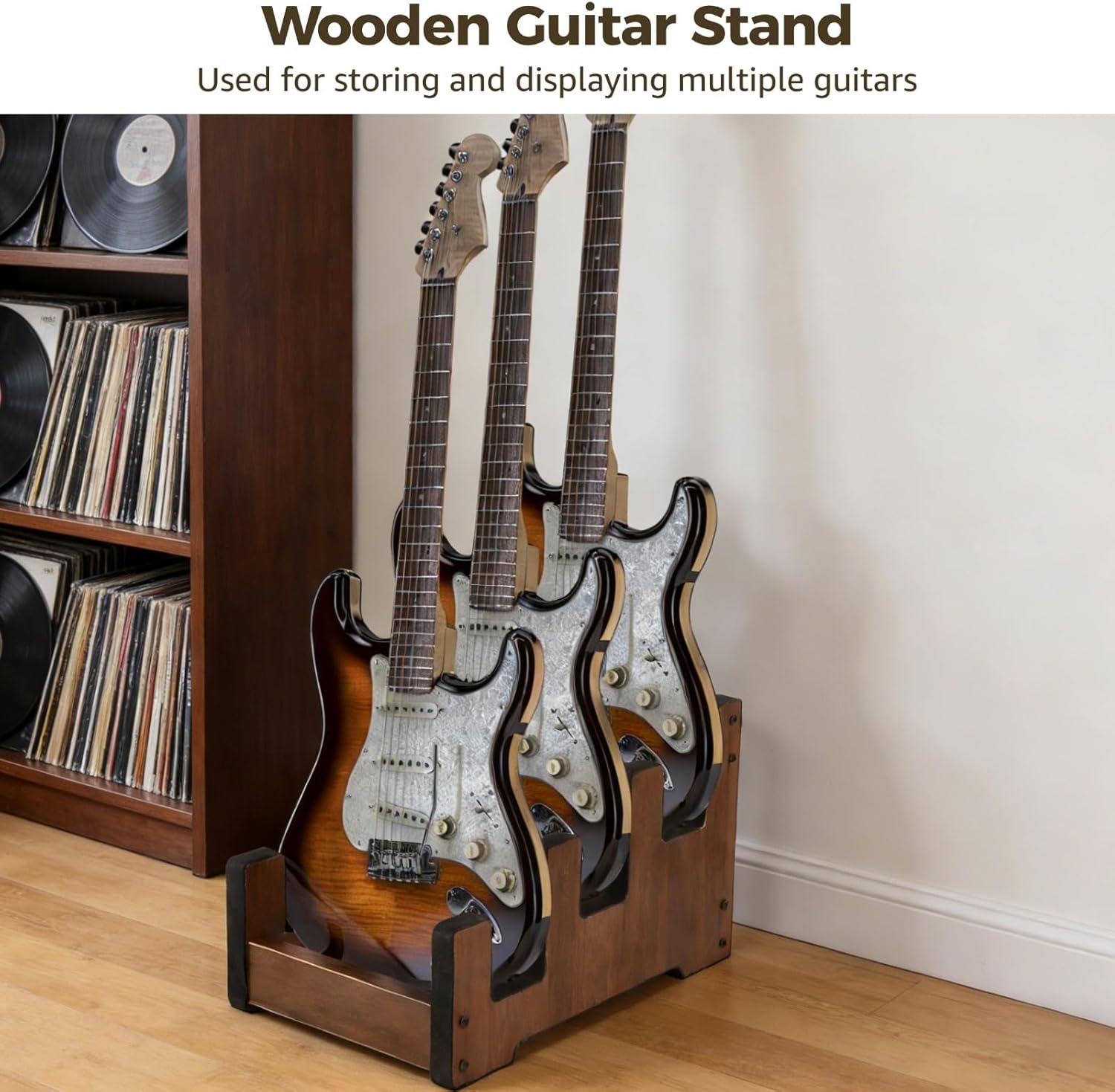 Wood Multi Guitar Stand for 3 Guitars, Space-Saving Guitar Floor Stand, Plywood Guitars Holder Storage Rack, 12.99 x 8.66 x 4.53 in for Bass, Acoustic, Electric Guitars