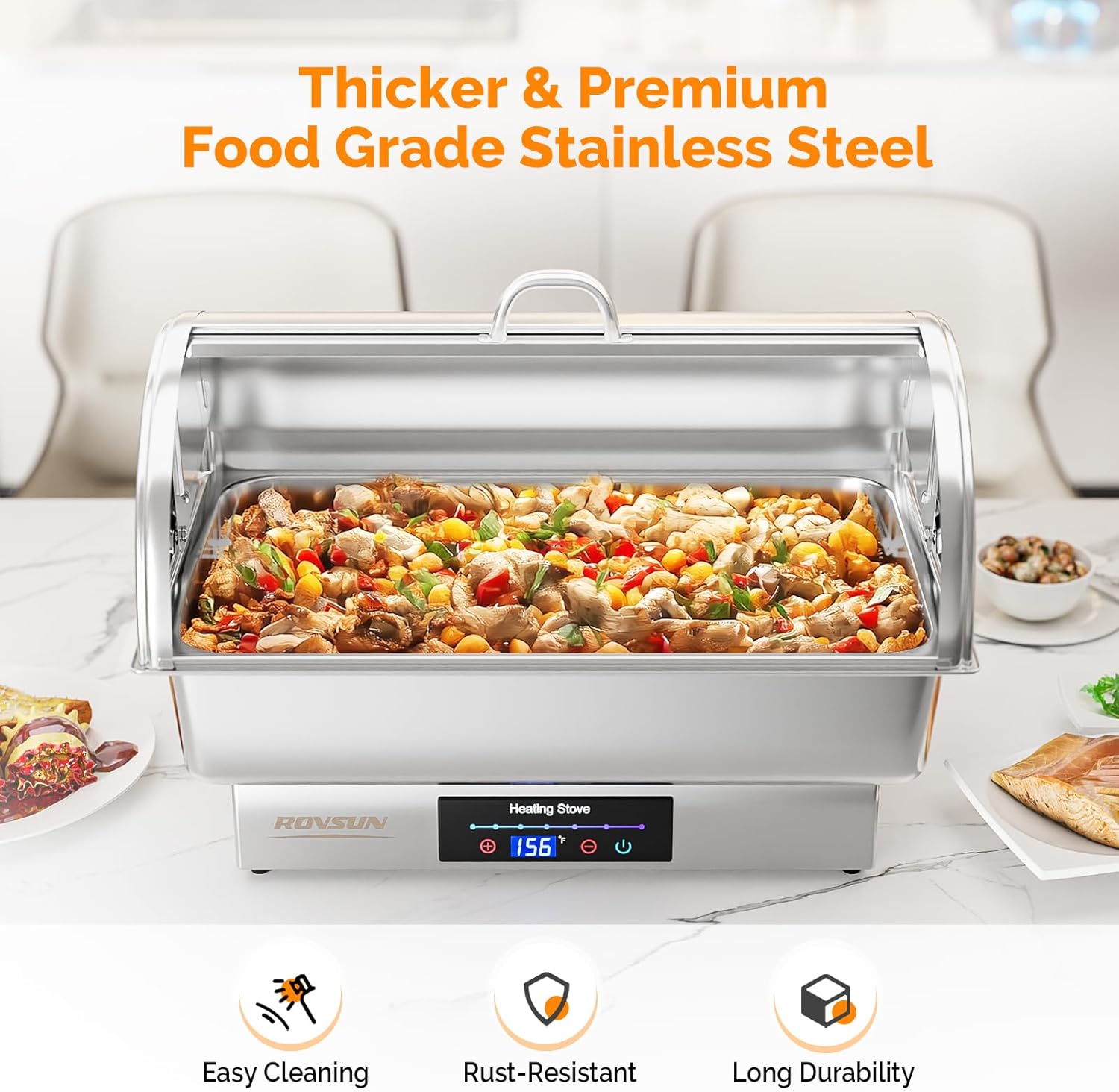 ROVSUN 9 QT Electric Chafing Dishes for Buffet 3 Pack, Roll Top Chafing Dish Buffet Set with Temperature Control, Chafers and Buffet Warmers with Full & Half Size Pan for Party Wedding Catering