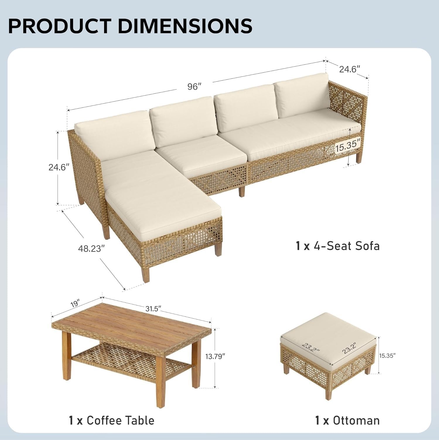 Wicker Patio Furniture Set Rattan Outdoor Couch Sectional Sofa 5 Pieces Patio Conversation Sets with Wood Coffee Table Outdoor Rattan Furniture for Garden Balcony(Navy Blue)