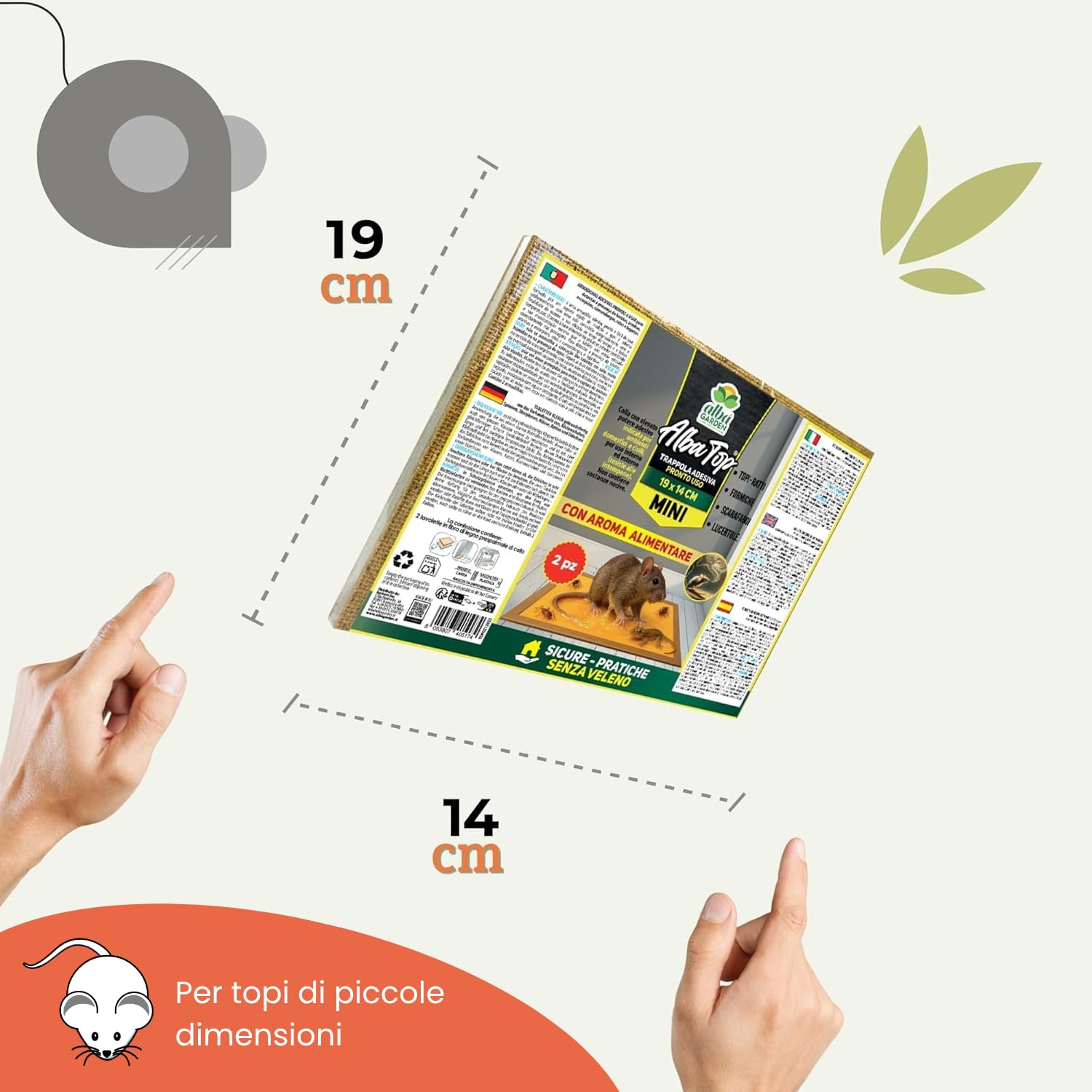 Albagarden - Trappola Adesiva MINI per Topi, Ratti, Scarafaggi, Formiche e Lucertole. Tavoletta con Colla Potente e Aroma Alimentare, Uso Interno ed Esterno x 2 Pz