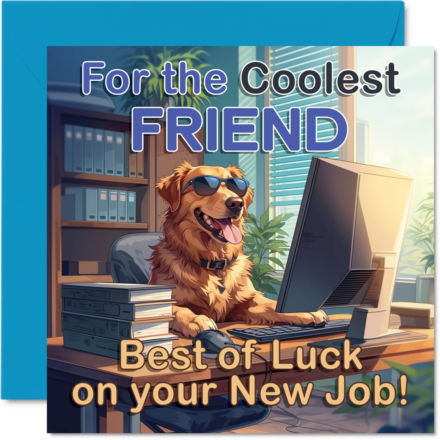 Supportive New Job Card for Friend - Cheeky Desk Dog with Sunnies - Golden Retriever Brings Fun New Job Vibes - Perfect for Lifting Spirits - 145mm Square, Envelope Included