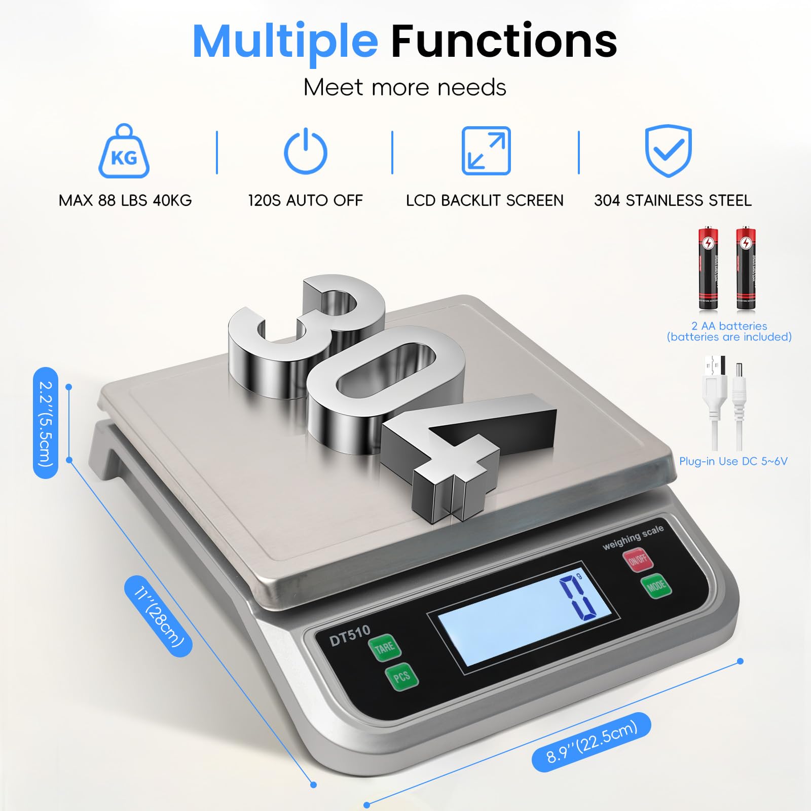 Báscula de cocina de 40 kg, báscula de alimentos grande para cocinar panadería, contar, báscula digital de acero inoxidable 304 con pantalla LCD, báscula eléctrica para hornear con función tara