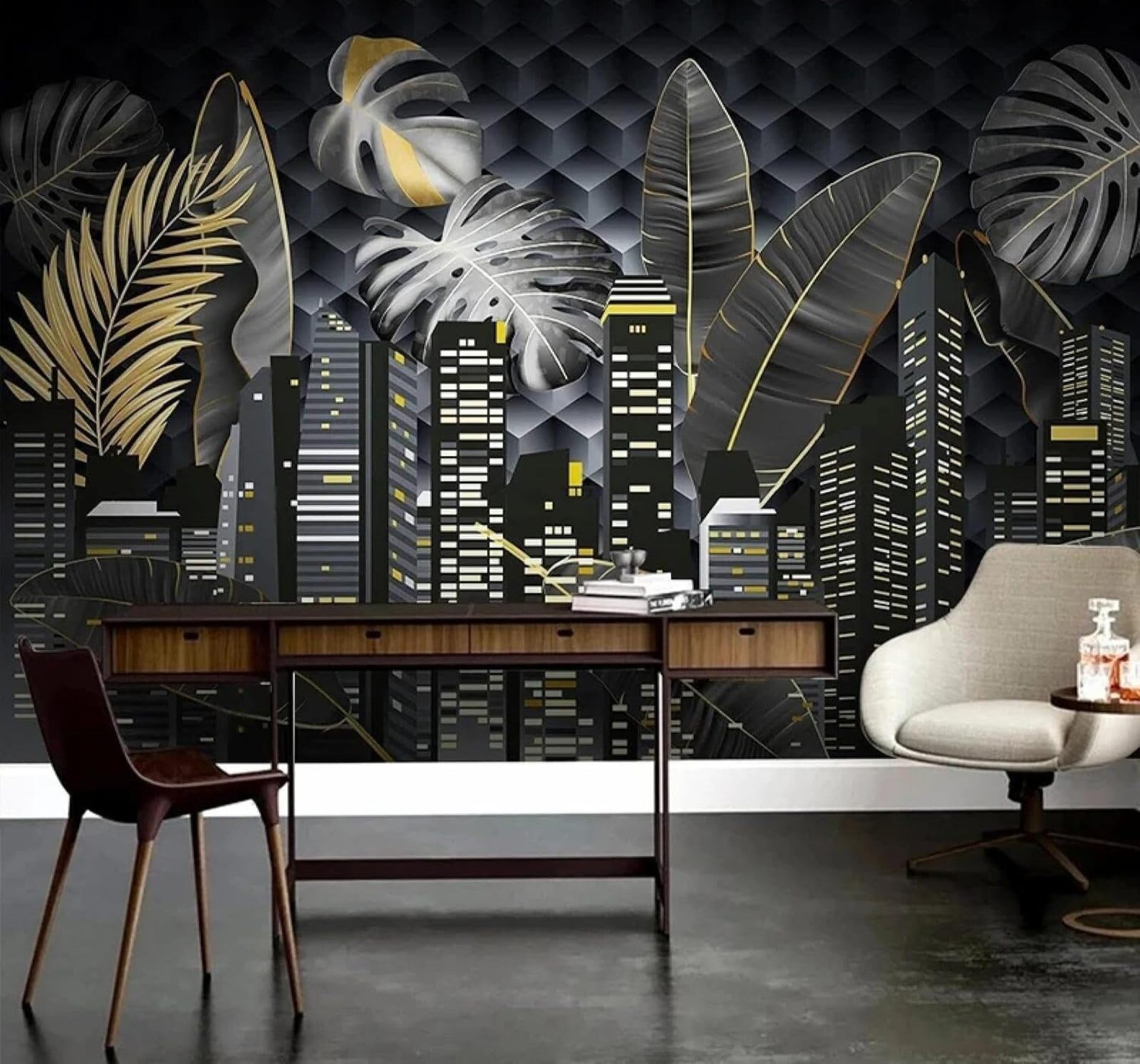 XLMING Three Dimensional Black City Architecture Plants Leaves 3D Wallpaper Luxury Silk Study Dining Feature Sofa Grey Bedroom Living Room Tv Decorative Wall-250cm×170cm