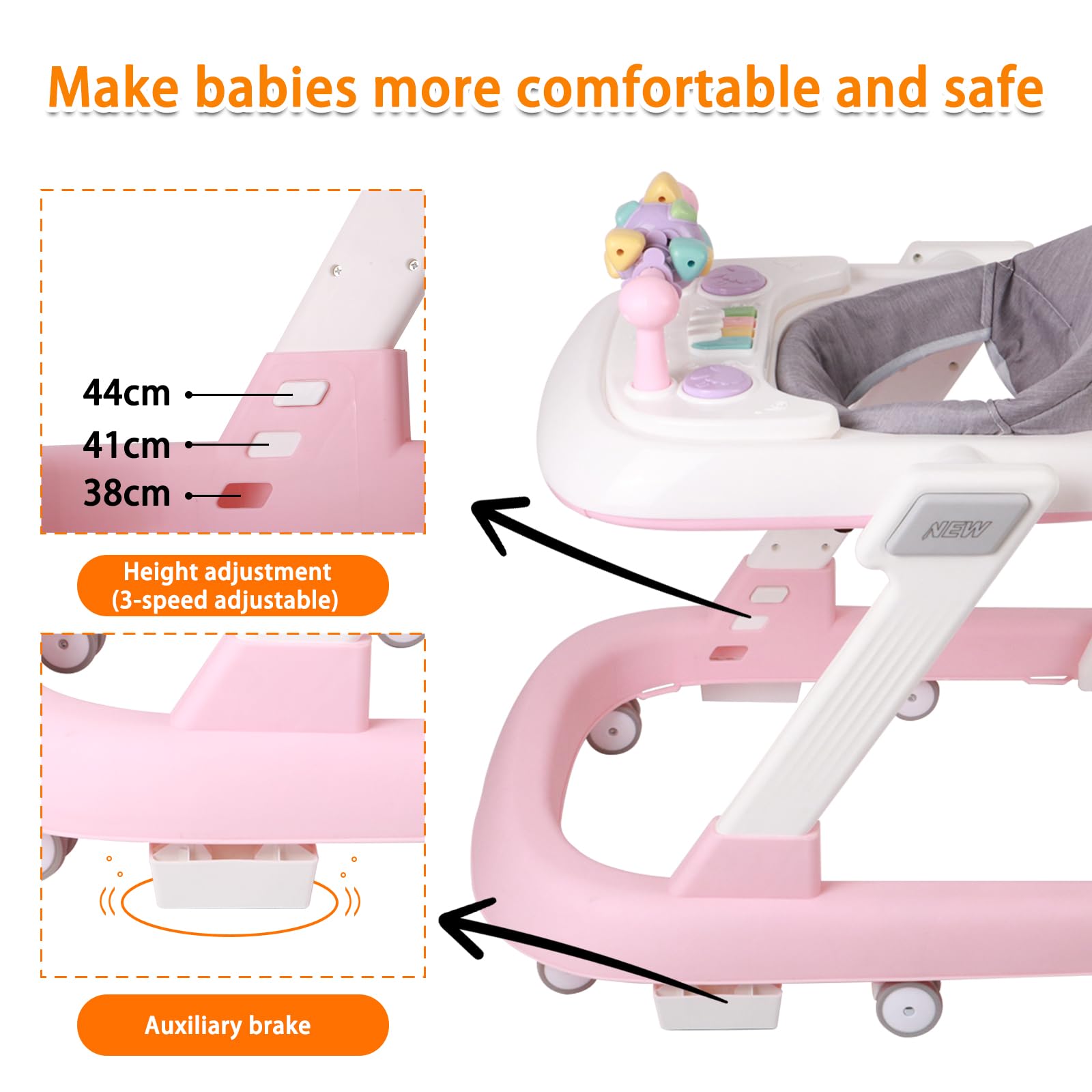 Andador escalable, andador con actividades, ajustables, arco de actividad ajustable con juguetes incluidos, para bebé de 6 a 12 meses, 60 x 55 x 70 cm, rosa