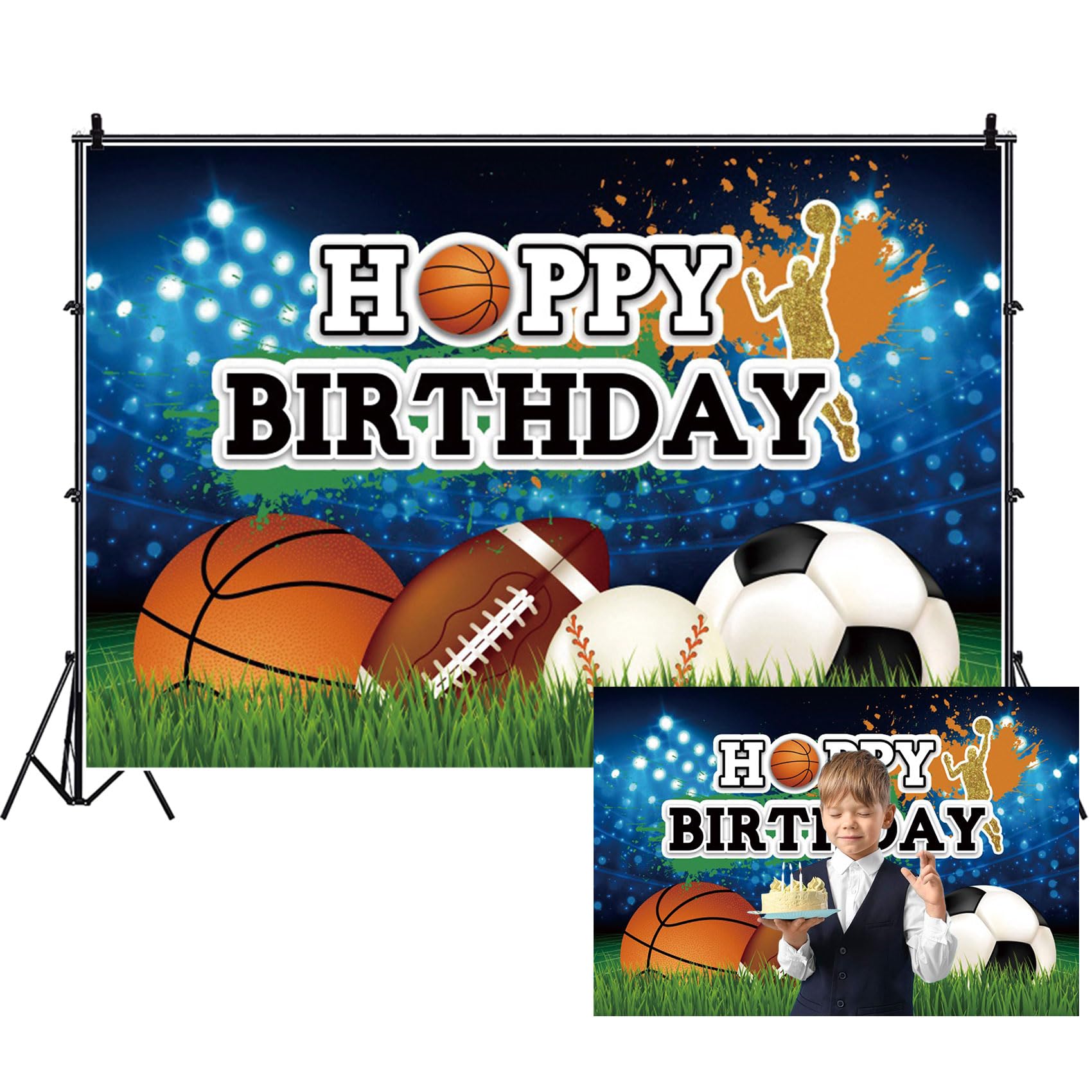 Renaiss 7x5ft Football Field Backdrop Soccer Basketball Baseball Sports Stadium Stadium Light Sports Theme Photography Background for Kids Birthday
