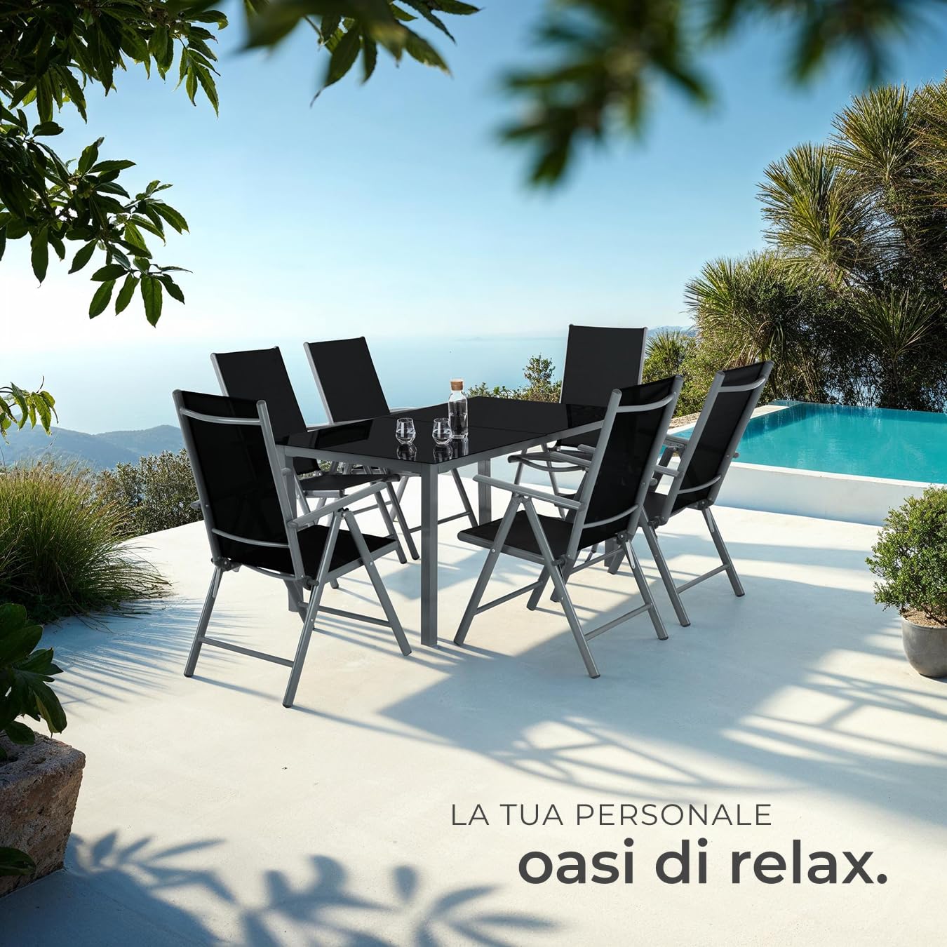 Tectake Set Mobili da Giardino in Alluminio, 6 Sedie Pieghevoli e Reclinabili, Tavolo 150x90 cm, Vetro di Sicurezza, Grigio Scuro