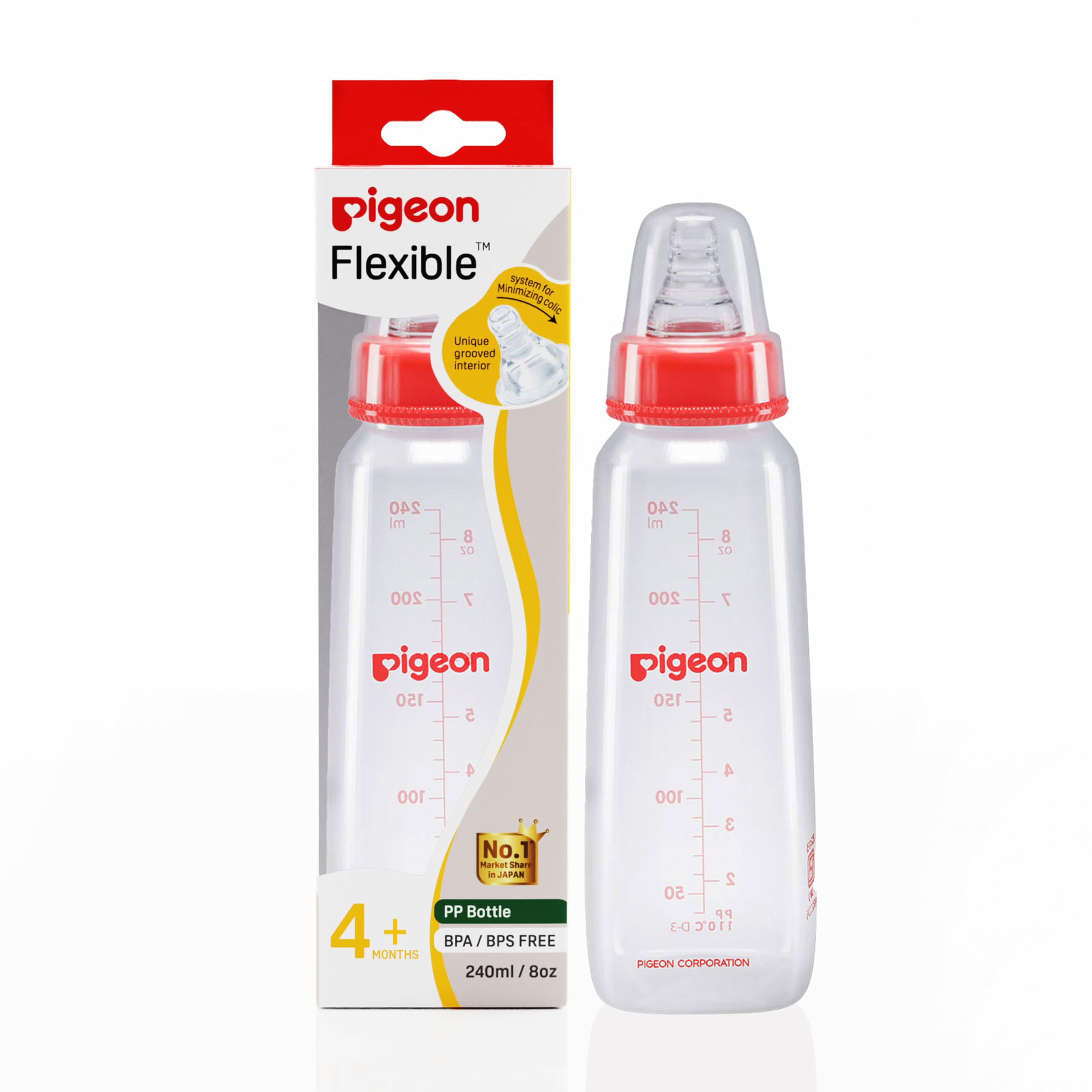 Pigeon Peristaltic Baby Nursing/Feeding Bottle KPP Nipple L,For 9+ Month Babies,BPA Free,BPS Free,Square Base,Red,240 ml,Pack of 3