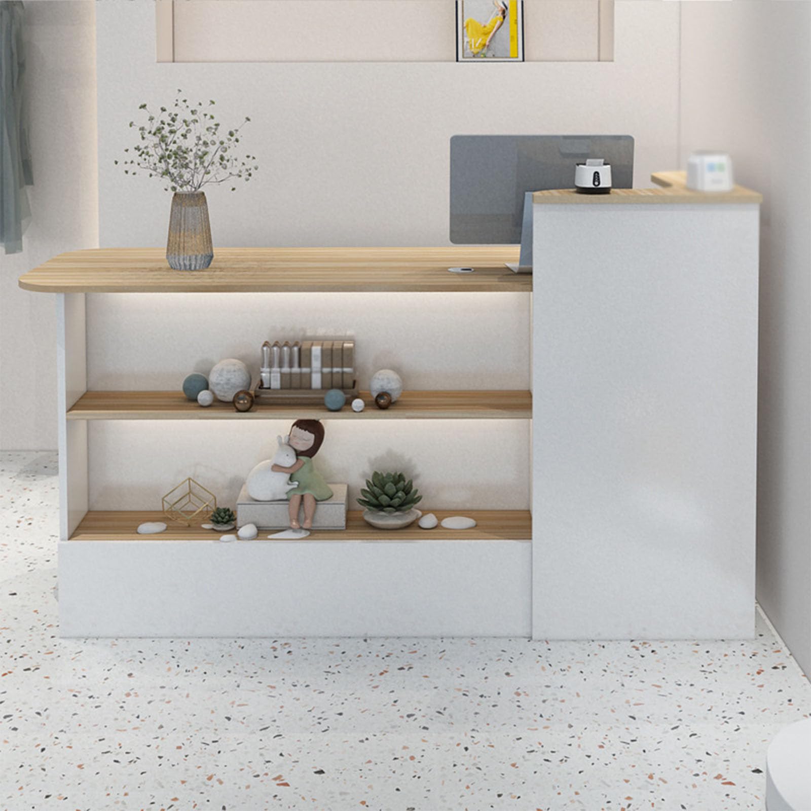 Moderno banco di ricezione a forma di L per negozio di abbigliamento e caffetteria elegante armadietto cassa con spazioso spazio di lavoro e opzioni di archiviazione