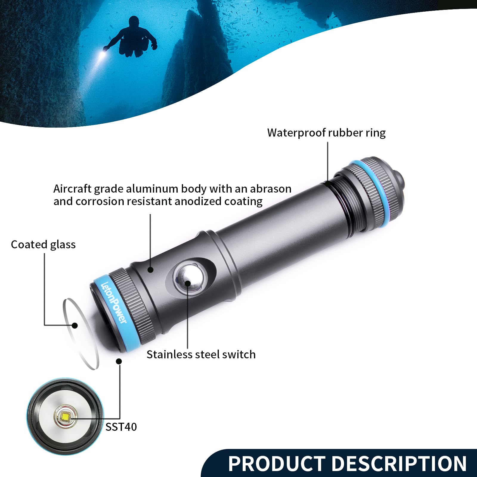Torcia Subacquea 2200 Lumen, 8° Spot, IP68 100m, Ricarica USB-C, Grigio