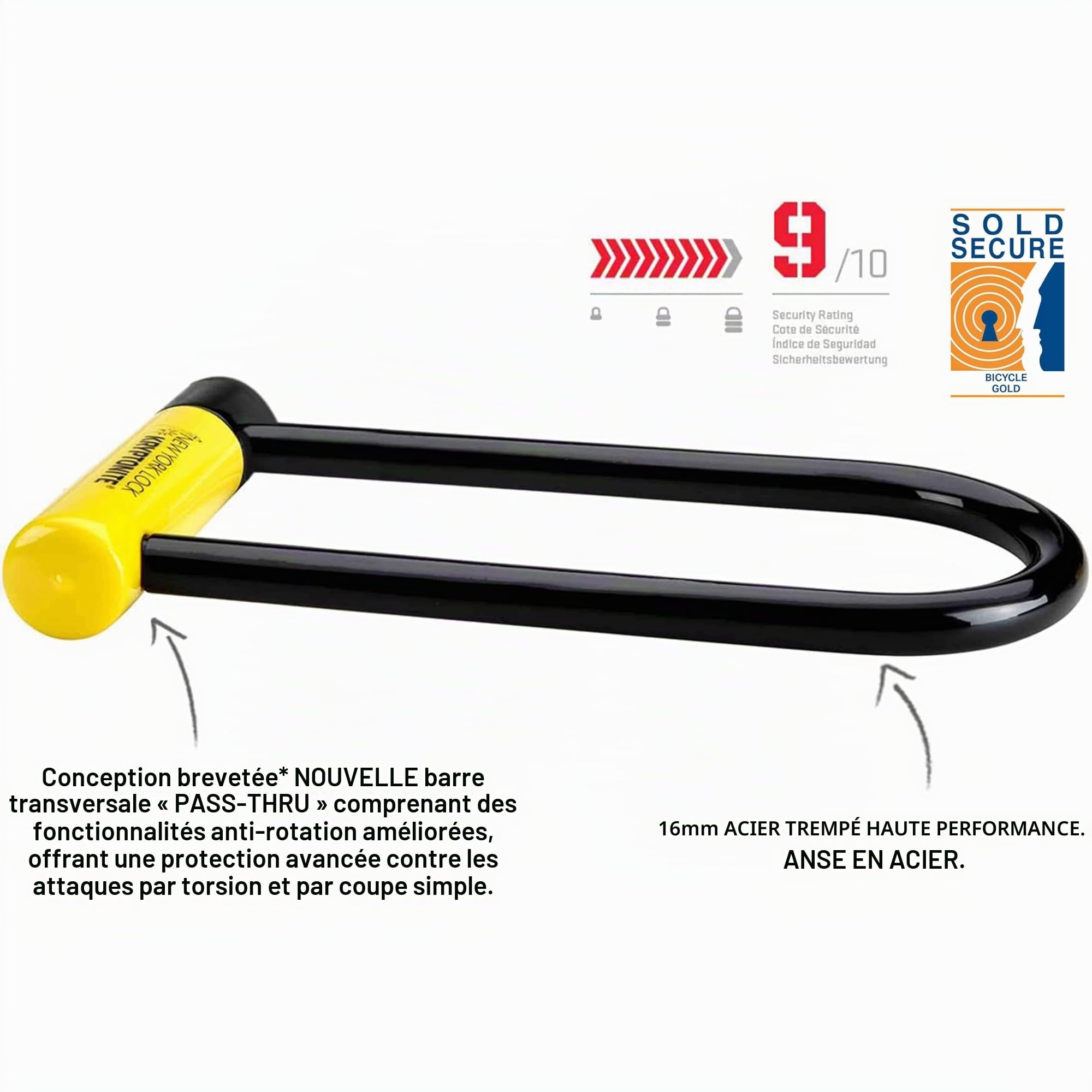 Kryptonite New York LS Antivol U, Anse longue Acier trempé avec Revêtement Vinyle, Niveau Sécurité 9/10, pour Vélos, Vélos électriques, Scooters et Motos, 2,20 kg, 10,2 x 26 cm